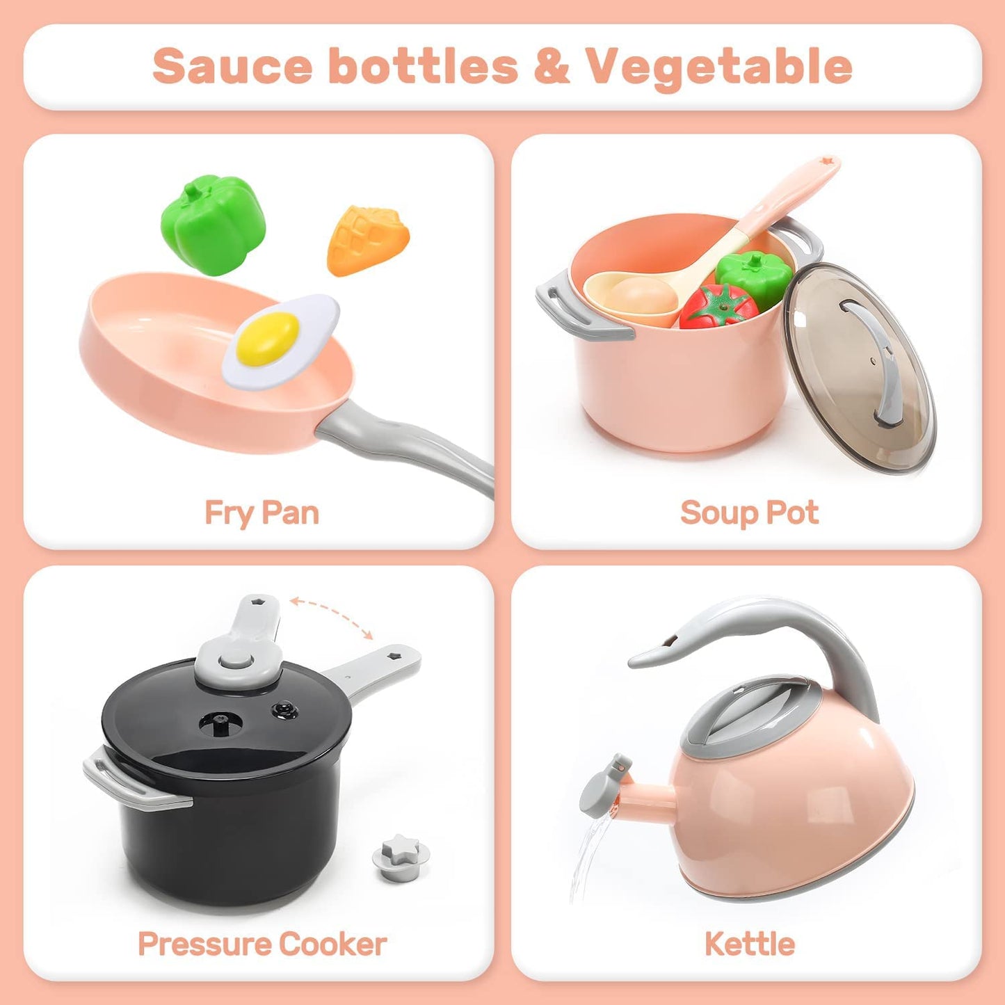 CUTE STONE Play Kitchen Accessories Set – 37-Piece Kids Cooking Toys with Induction Cooktop