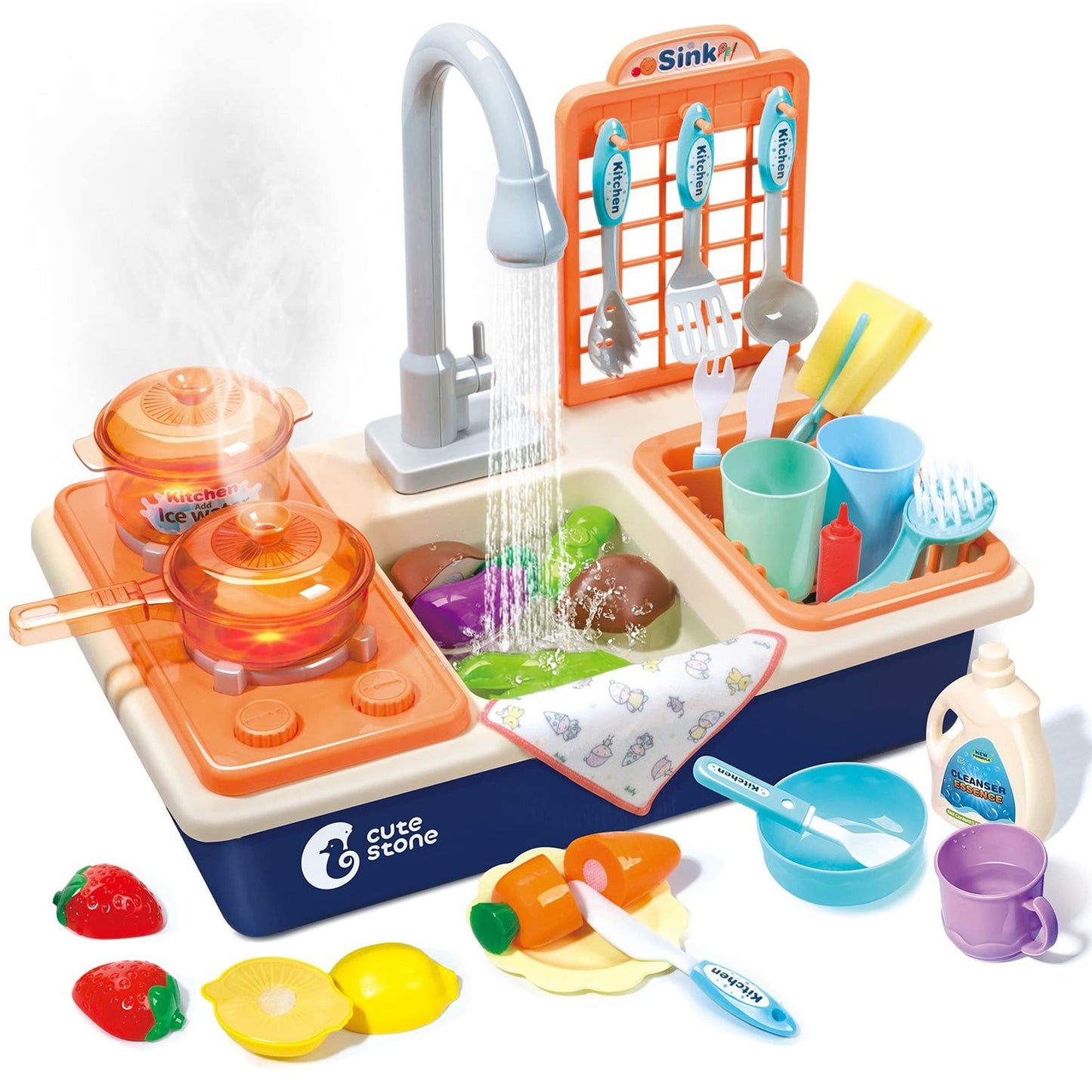 CUTE STONE Pretend Play Kitchen Sink Toys with Light & Sound Stove – Pot, Pan, and Accessories