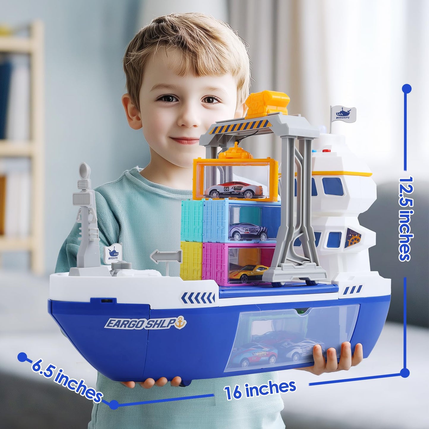 CUTE STONE Cargo Ship Toy with Gantry Crane, Lights & Sounds | Indoor Playset