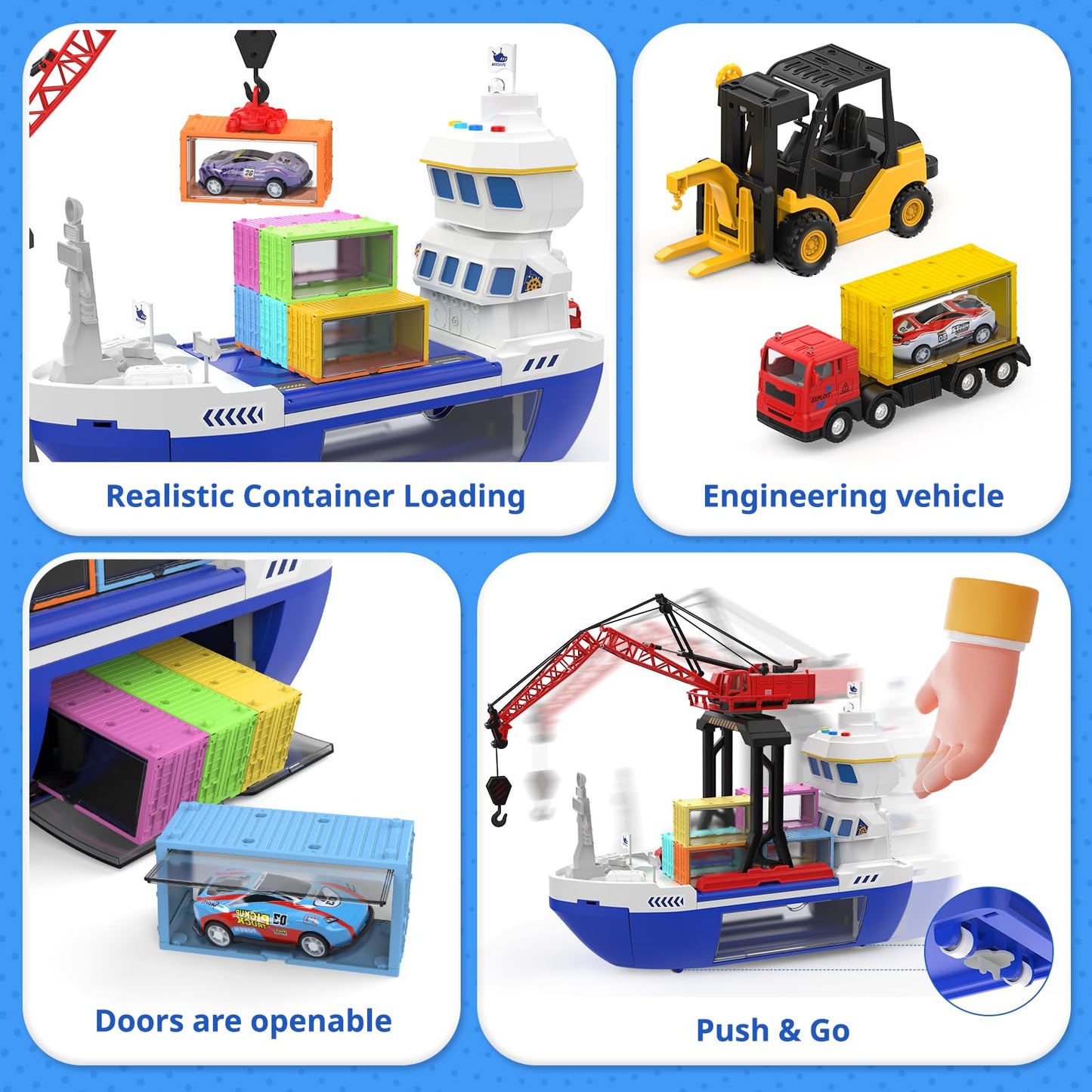 CUTE STONE 2-in-1 Toy Boat & Tower Crane Playset with Lights & Sounds | Push-Go Transport Ship