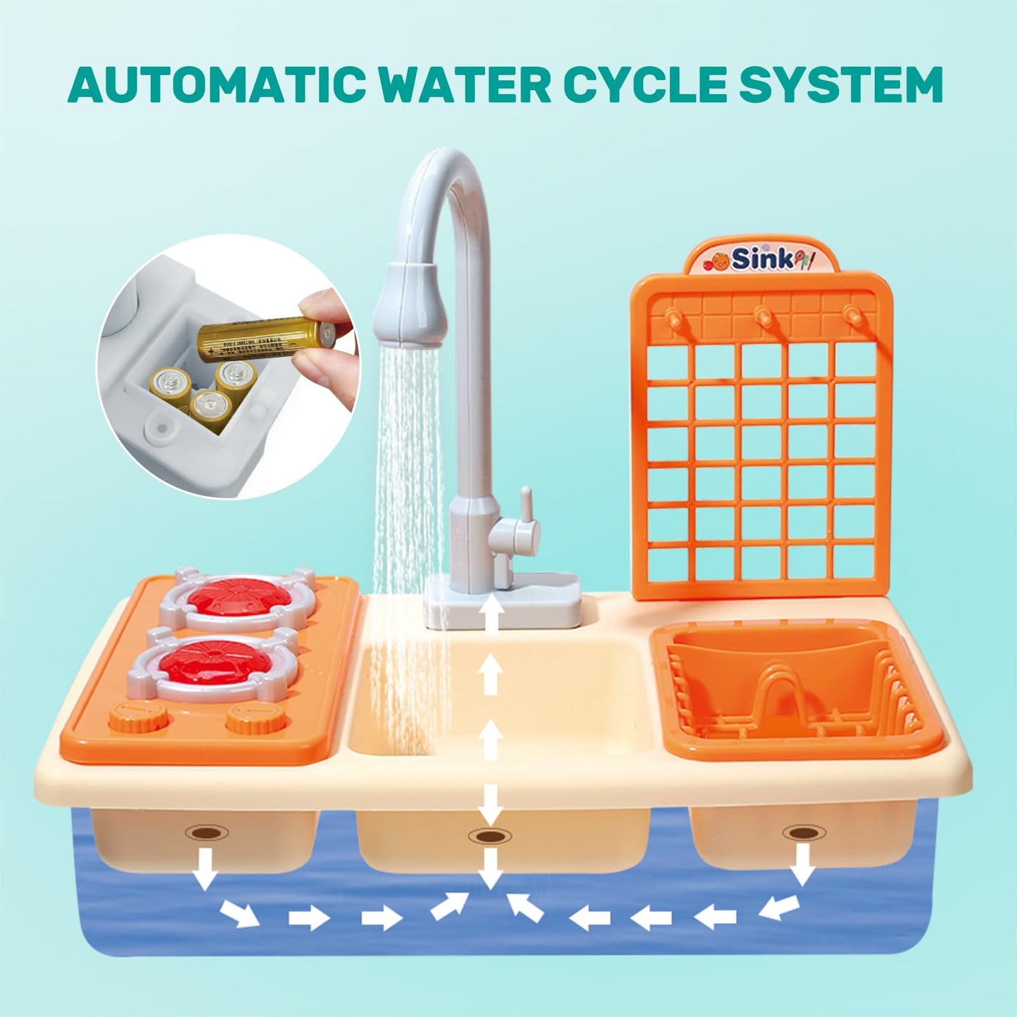 CUTE STONE Pretend Play Kitchen Sink Toys with Light & Sound Stove – Pot, Pan, and Accessories