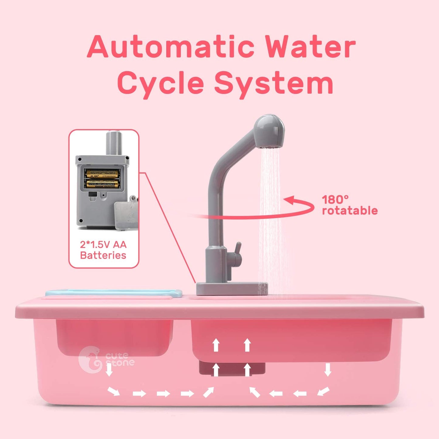 CUTE STONE Color Changing Play Kitchen Sink Toys with Real Faucet & Running Water