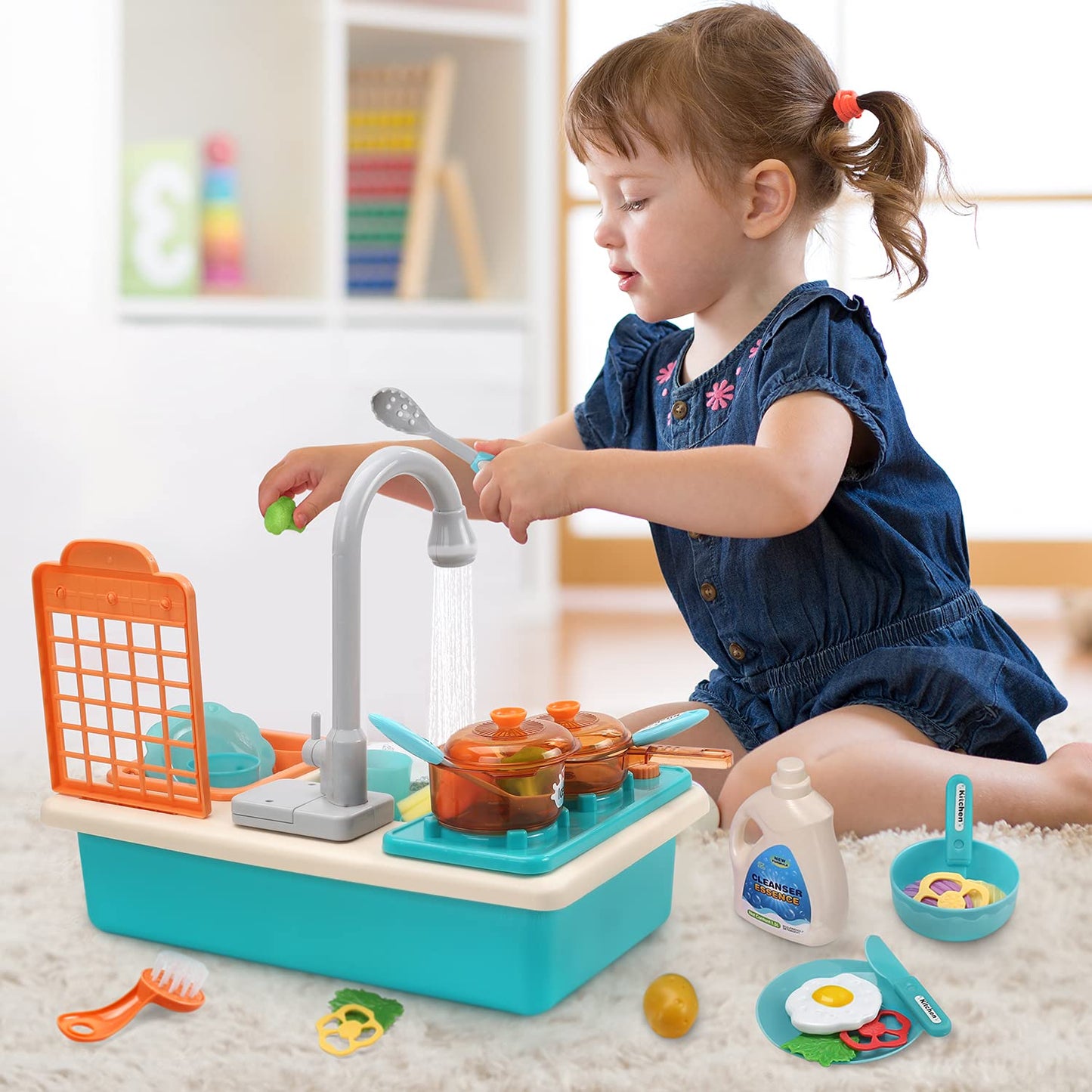 CUTE STONE Play Kitchen Sink Toy Set with Real Faucet – Color Changing Dishes, Stove & Cookware for Kids