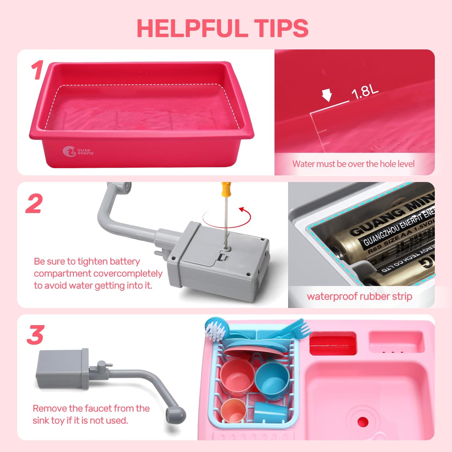 CUTE STONE Color Changing Play Kitchen Sink Toys with Real Faucet & Running Water