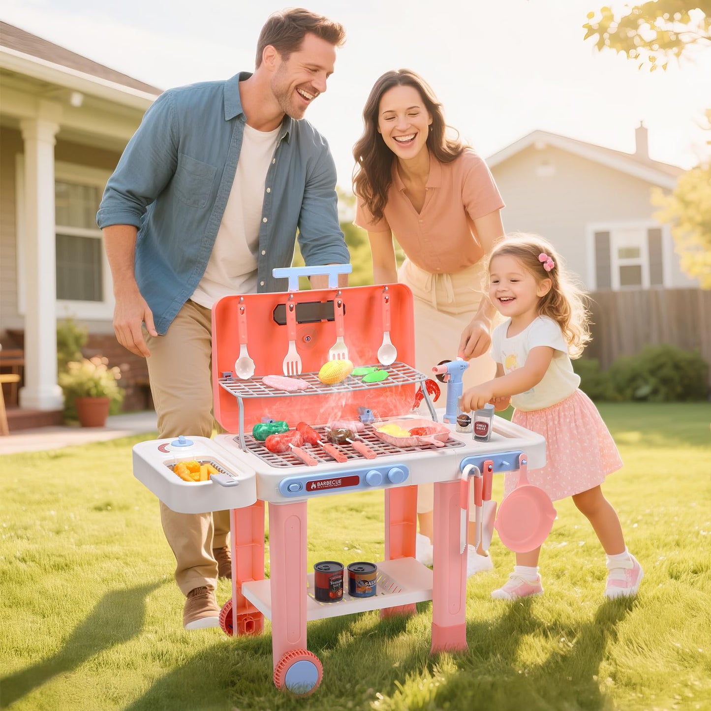 CUTE STONE BBQ Grill Toys for Kids – Color-Changing Food, Mist Spray & Sizzling Lights on Wheels