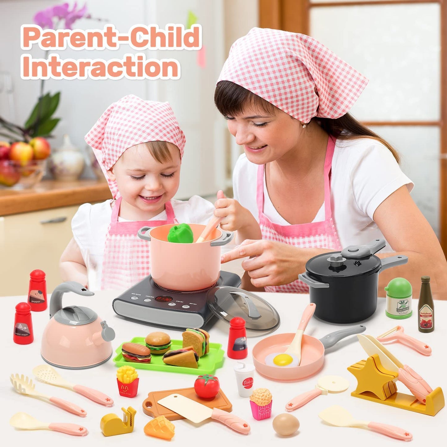 CUTE STONE Play Kitchen Accessories Set – 37-Piece Kids Cooking Toys with Induction Cooktop