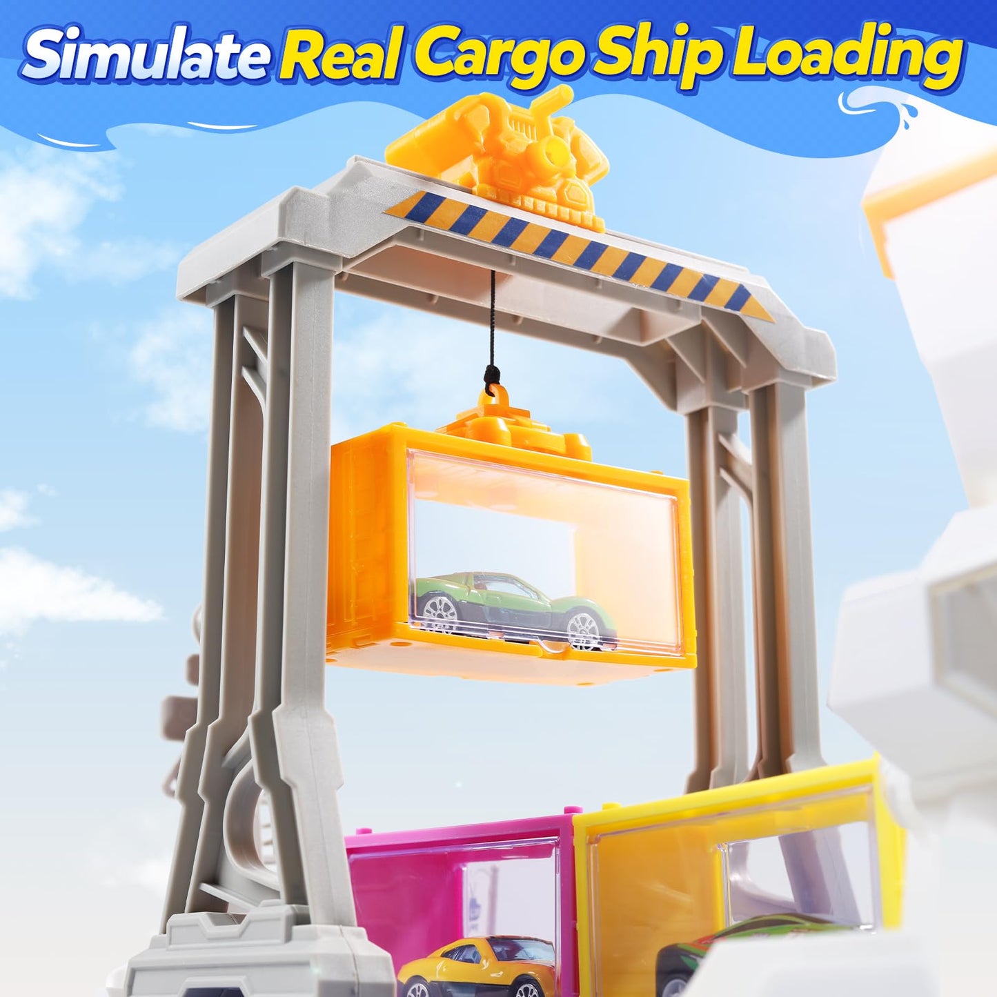 CUTE STONE Cargo Ship Toy with Gantry Crane, Lights & Sounds | Indoor Playset