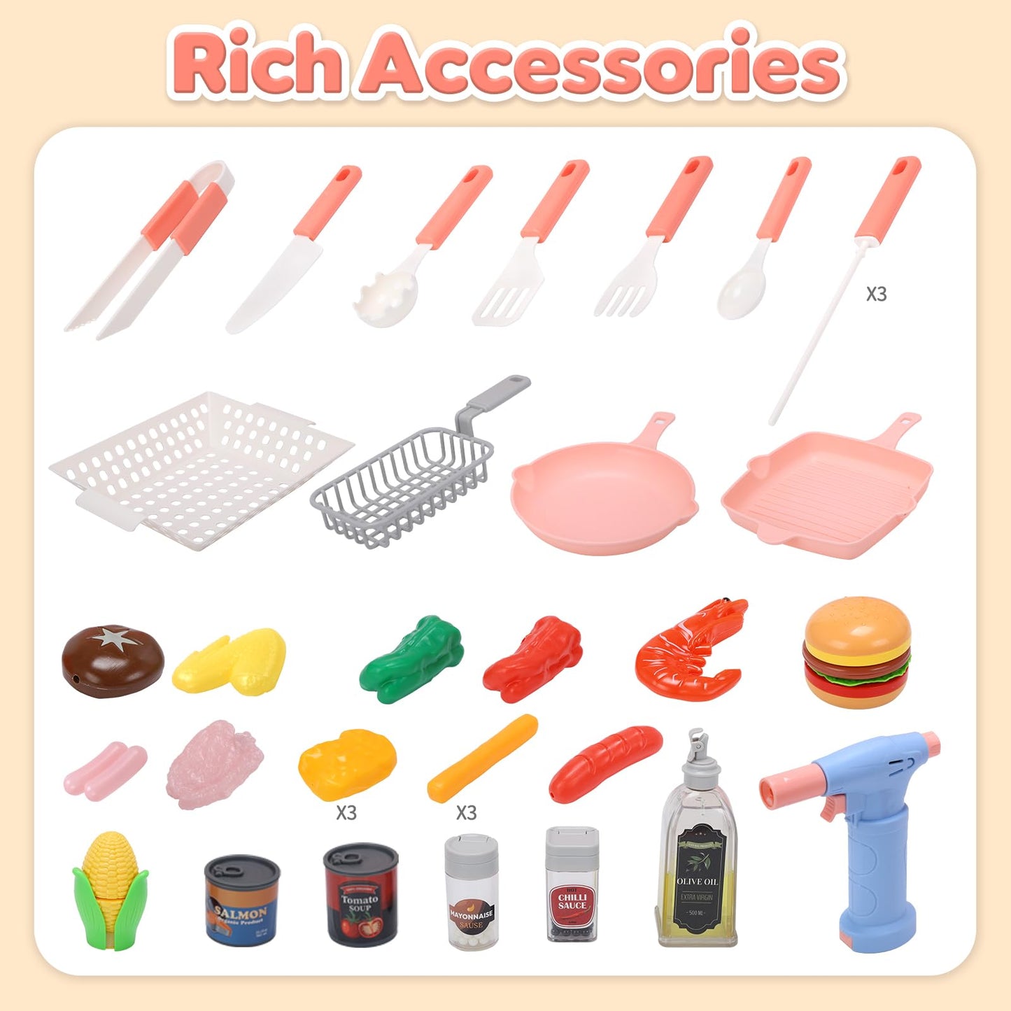 CUTE STONE BBQ Grill Toys for Kids – Color-Changing Food, Mist Spray & Sizzling Lights on Wheels