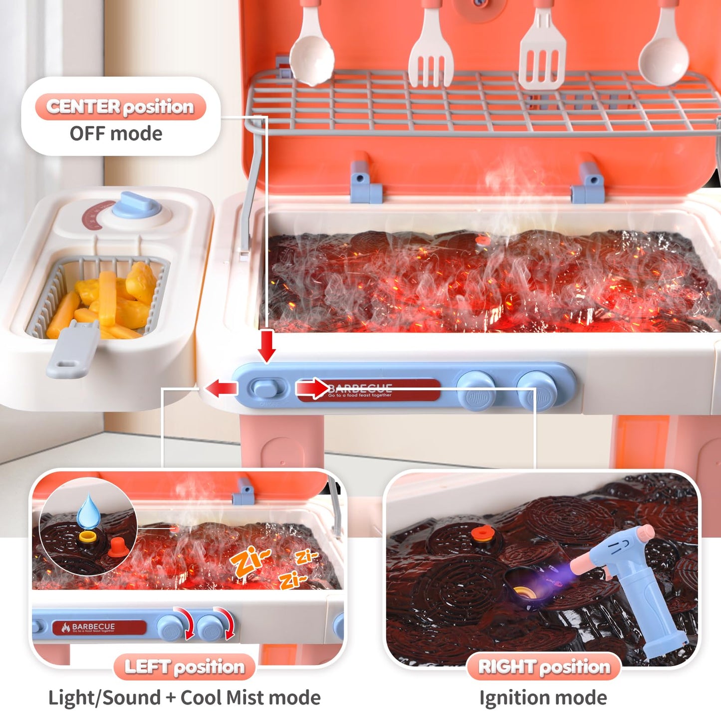 CUTE STONE BBQ Grill Toys for Kids – Color-Changing Food, Mist Spray & Sizzling Lights on Wheels