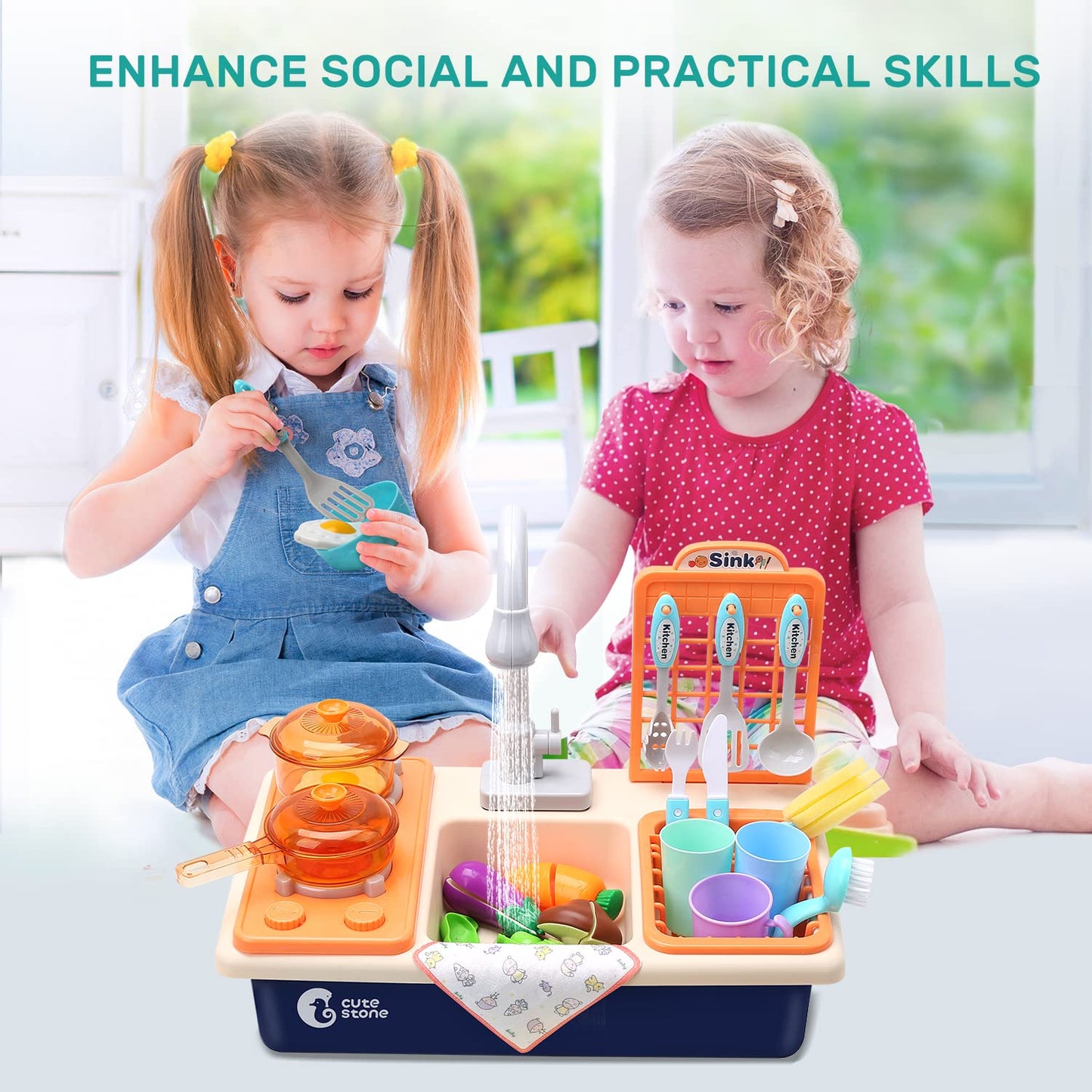 CUTE STONE Pretend Play Kitchen Sink Toys with Light & Sound Stove – Pot, Pan, and Accessories