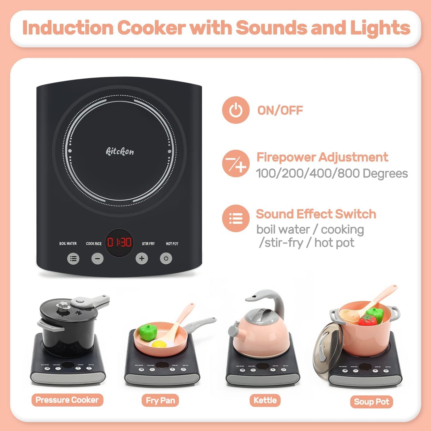 CUTE STONE Play Kitchen Accessories Set – 37-Piece Kids Cooking Toys with Induction Cooktop