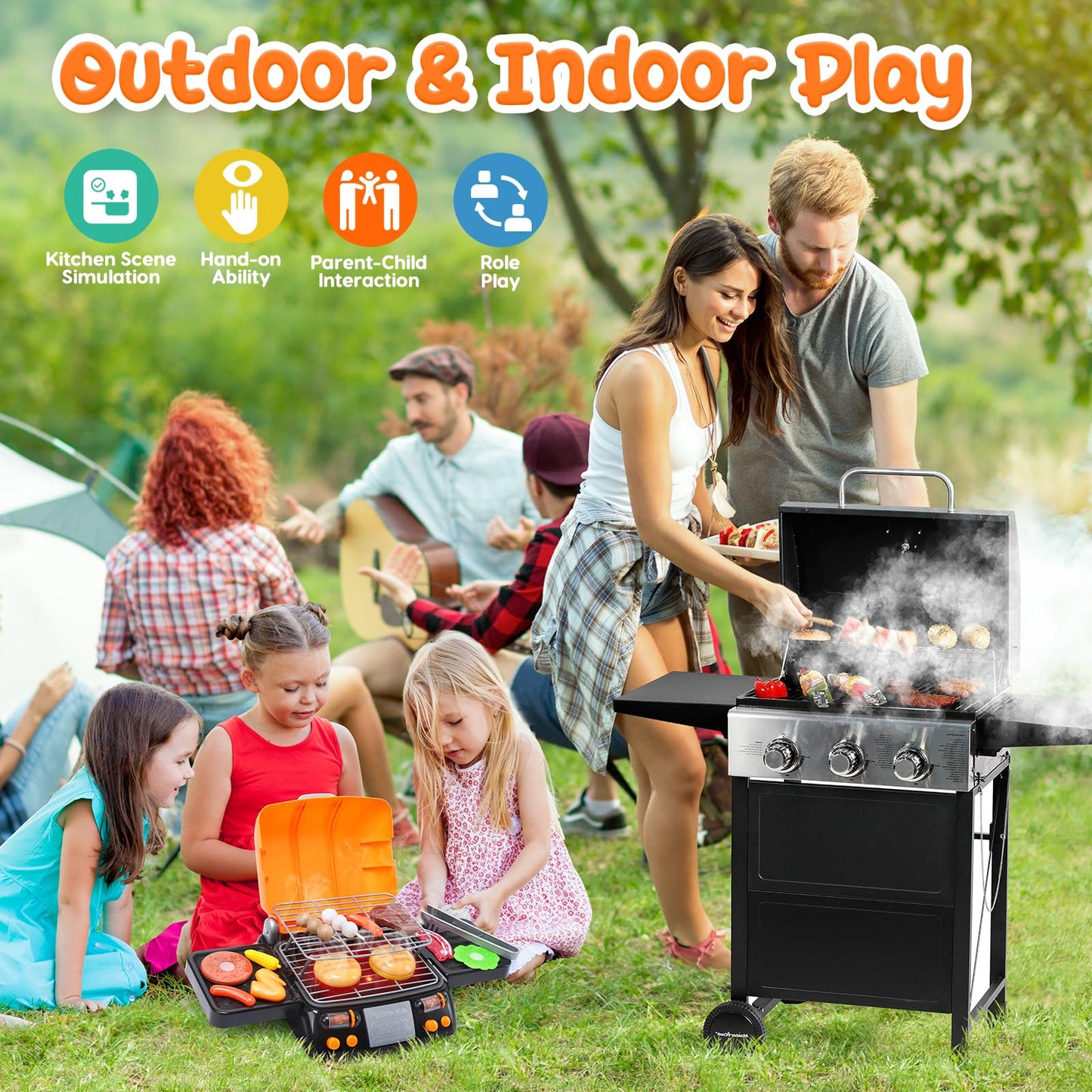 CUTE STONE Cooking Toy BBQ Set – 2-Layer Grill with Play Food, Sound & Light