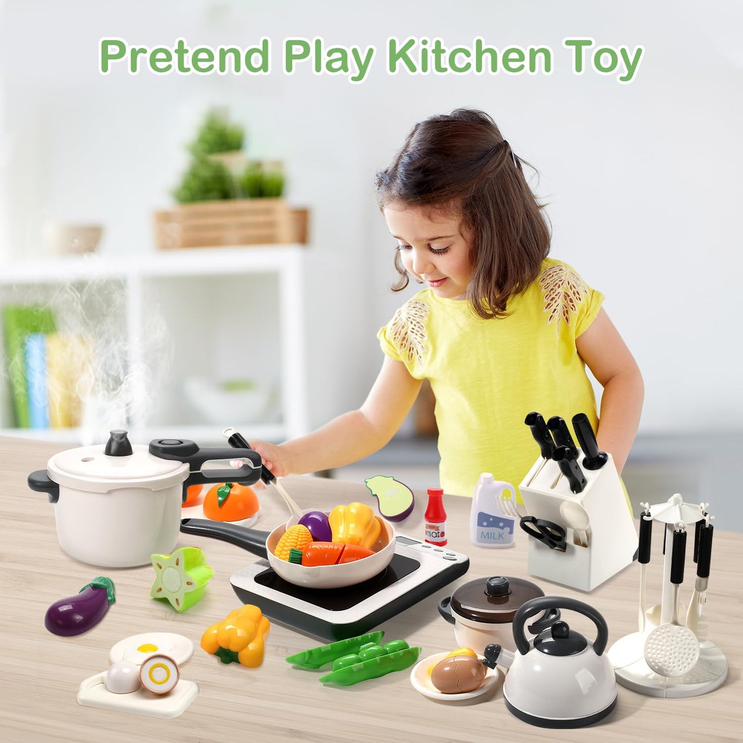 CUTE STONE Pretend Kitchen Toy with Steam Pressure Pot & Induction Cooktop