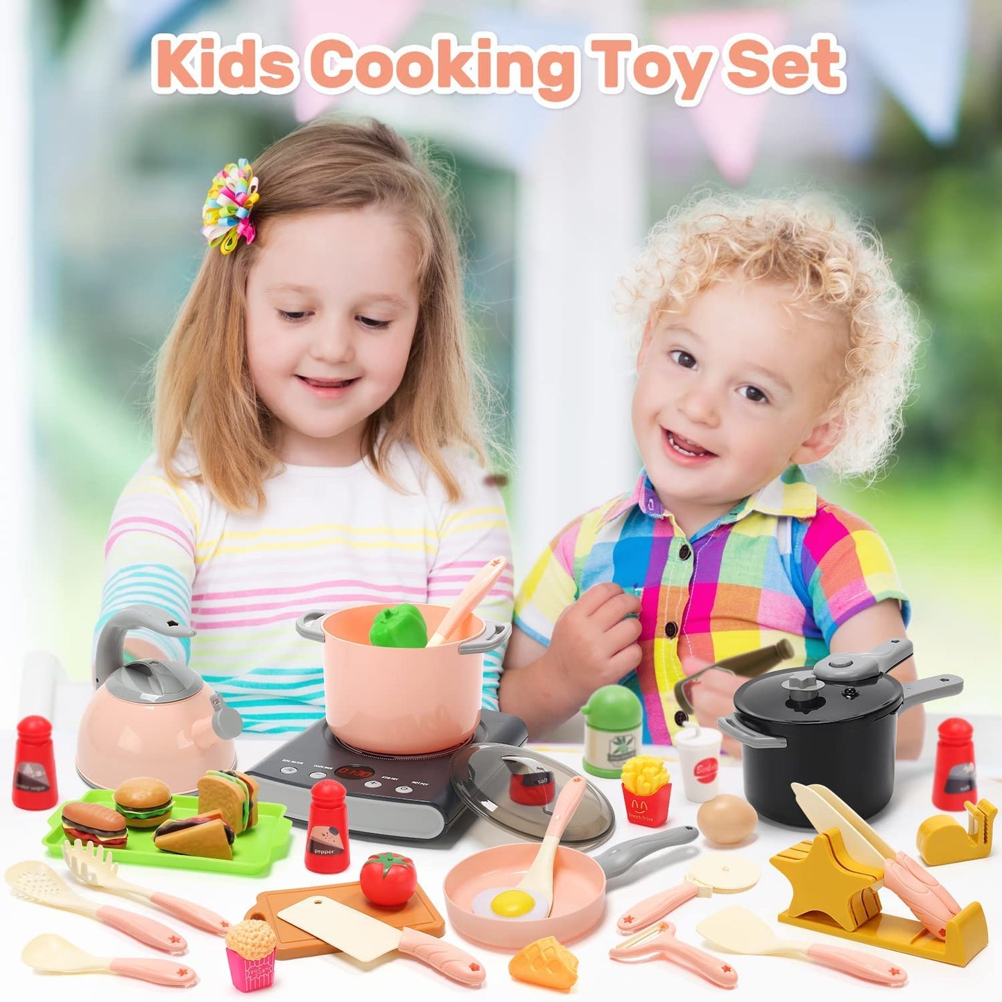 CUTE STONE Play Kitchen Accessories Set – 37-Piece Kids Cooking Toys with Induction Cooktop