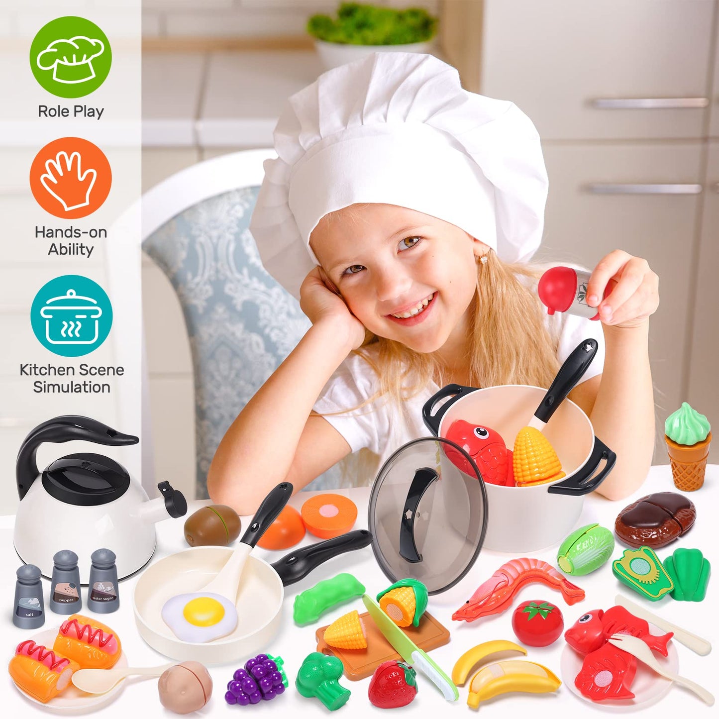 CUTE STONE Play Kitchen Accessories Set – Realistic Pretend Kitchen Toys for Kids