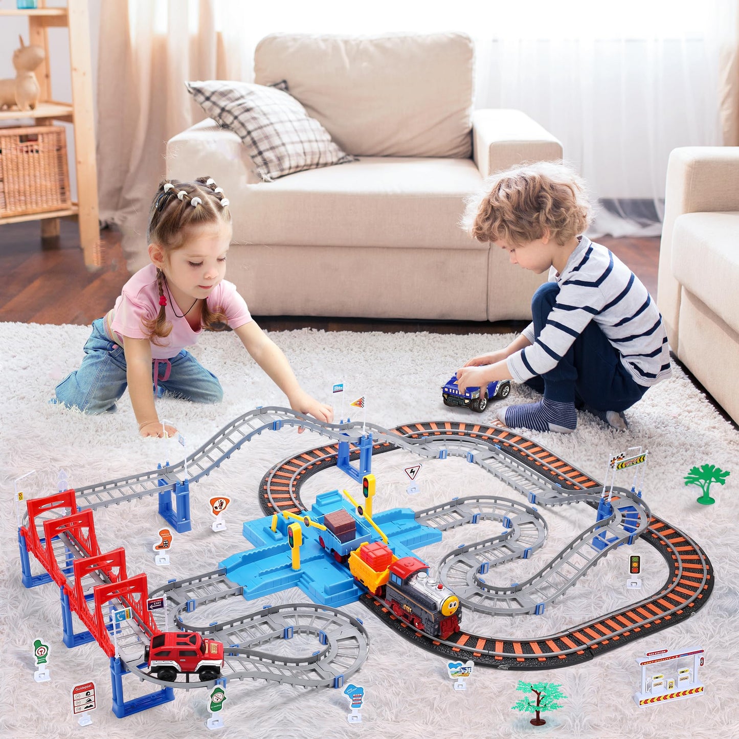 CUTE STONE Toy Train Set for Toddlers - 101-Piece Track Playset with Realistic Sounds