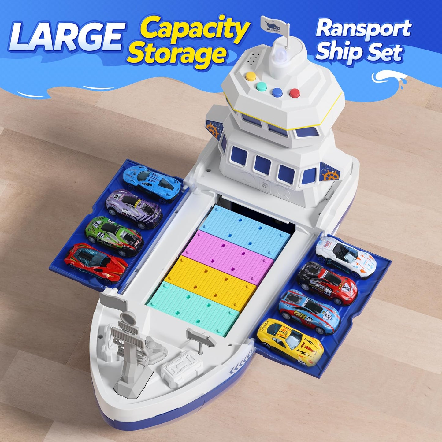 CUTE STONE Cargo Ship Toy with Gantry Crane, Lights & Sounds | Indoor Playset