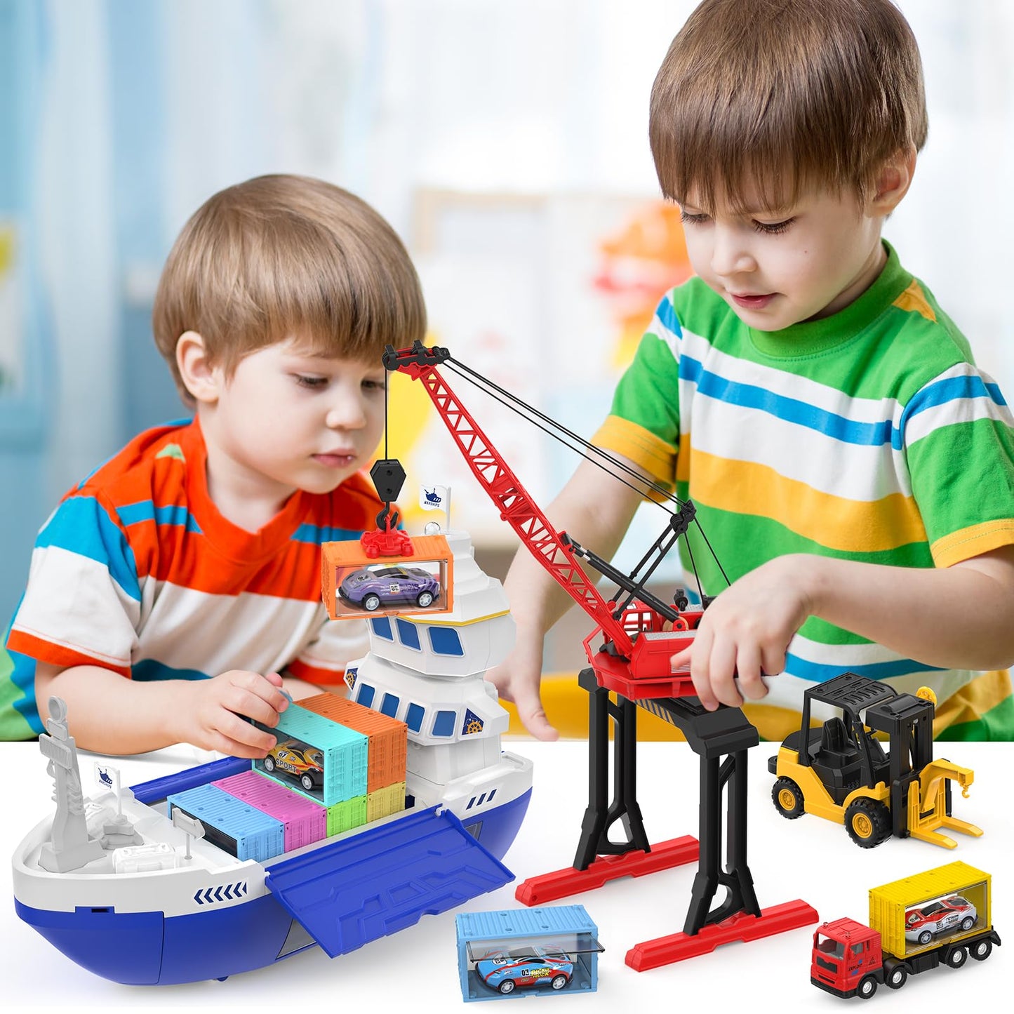 CUTE STONE 2-in-1 Toy Boat & Tower Crane Playset with Lights & Sounds | Push-Go Transport Ship