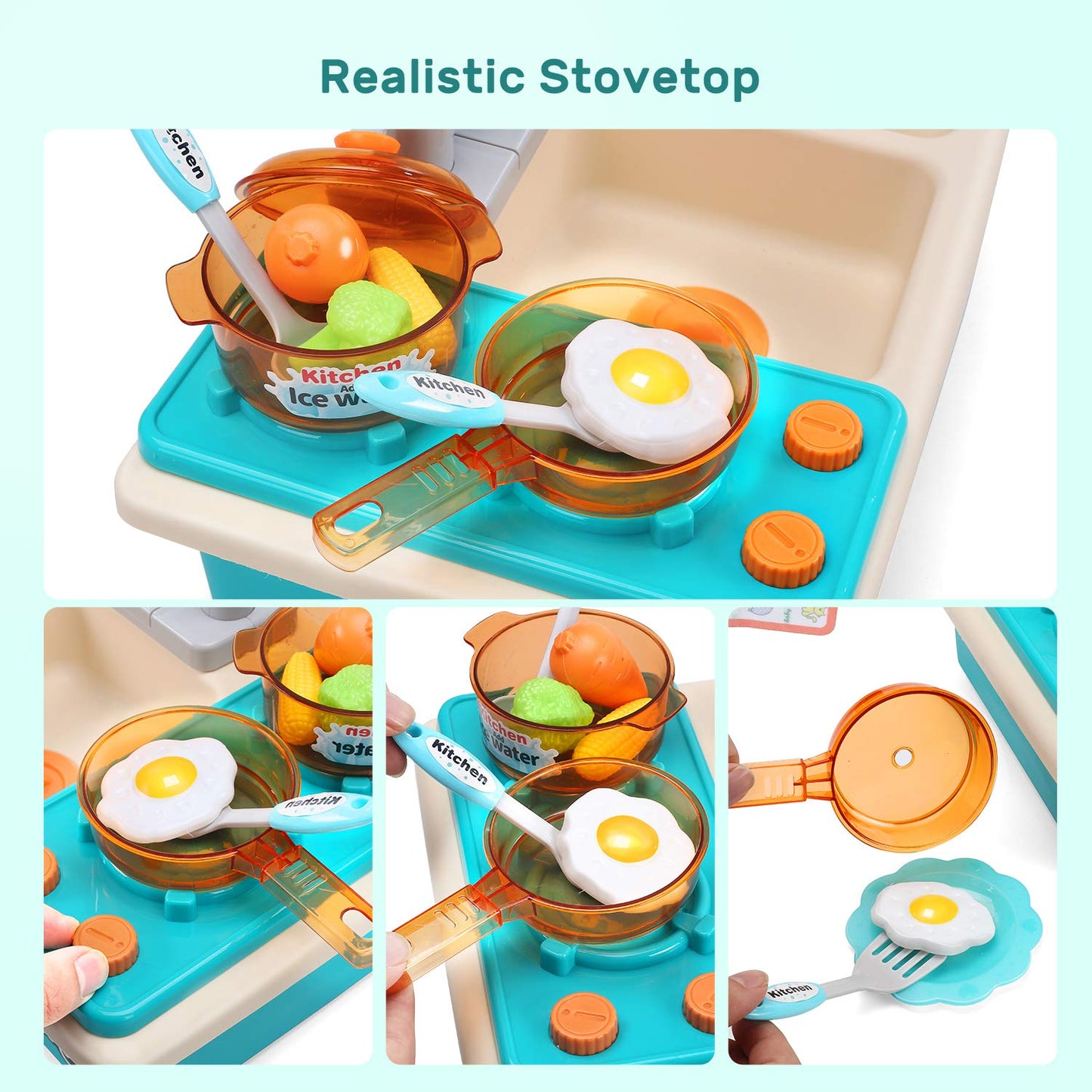 CUTE STONE Play Kitchen Sink Toy Set with Real Faucet – Color Changing Dishes, Stove & Cookware for Kids