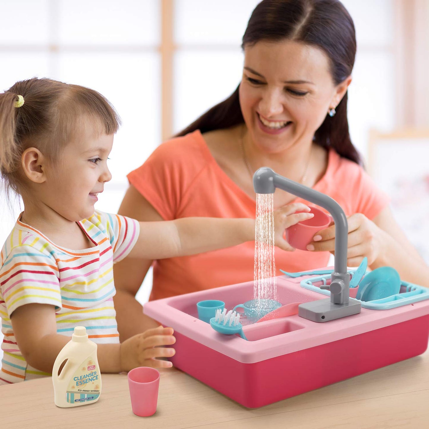 CUTE STONE Color Changing Play Kitchen Sink Toys with Real Faucet & Running Water