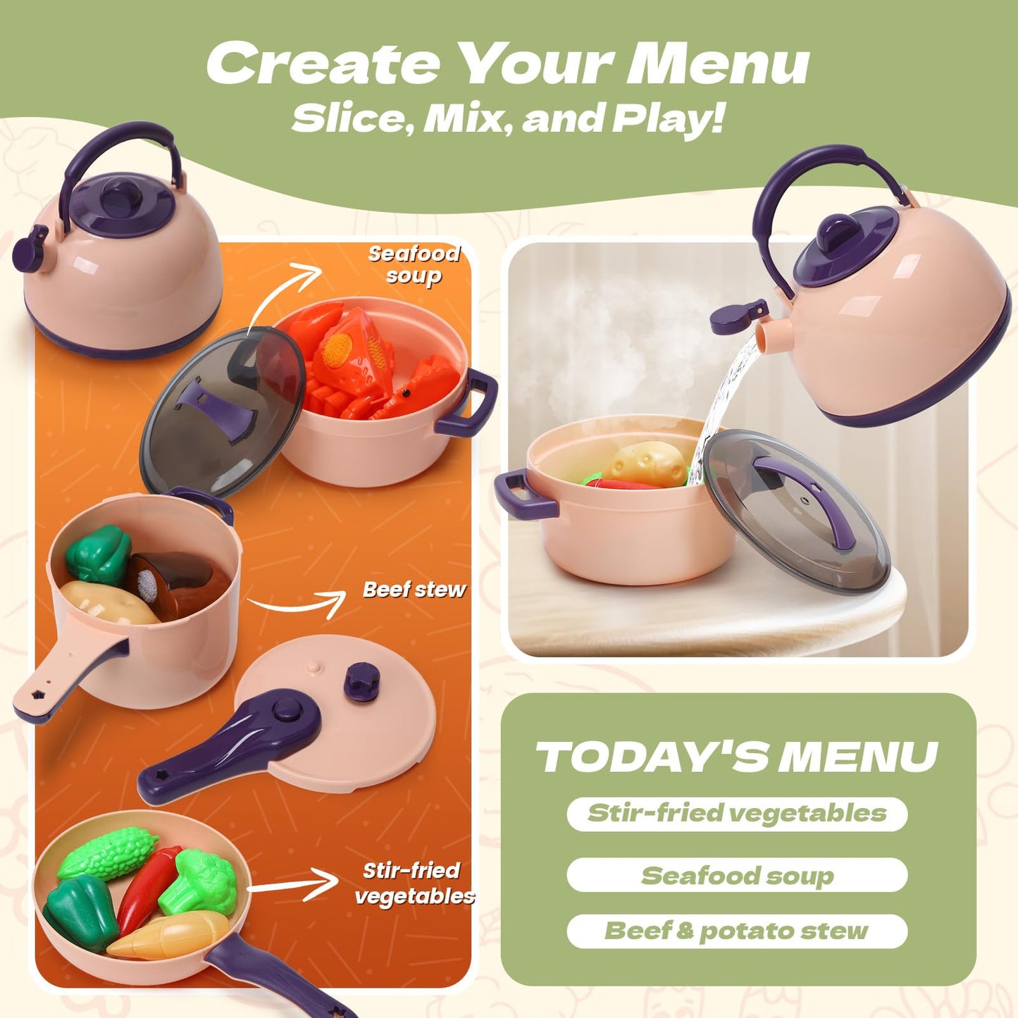 CUTE STONE 51-Piece Mini Play Kitchen Accessories for Kids | Pretend Cooking Set with Pots, Pans, Utensils & Fruits