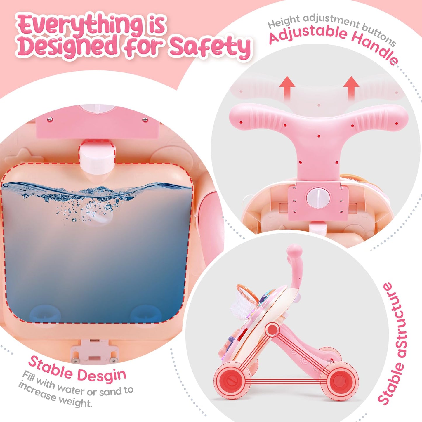 CUTE STONE 2-in-1 Baby Walker for Girls – Learning Push Walker with Detachable Activity Center