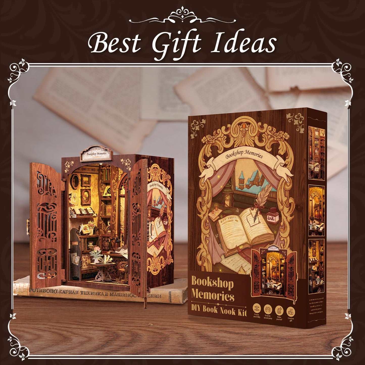 CUTEBEE Book Nook Kit – DIY Miniature Library with LED Light (Bookshop Memories)