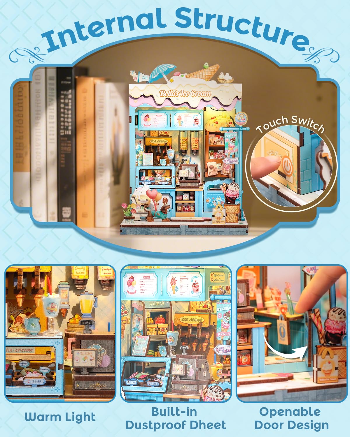 CUTEBEE Book Nook Kit – DIY Miniature Dollhouse for Bookshelves with LED Lighting