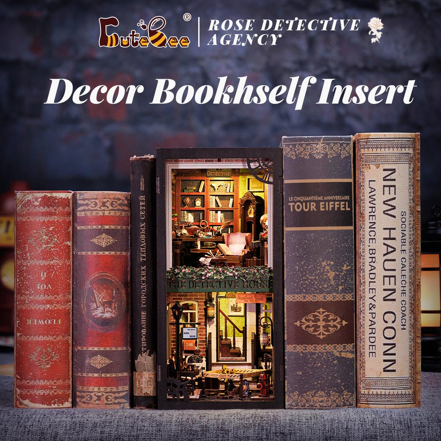 CUTEBEE Book Nook Kit – DIY Miniature Dollhouse with LED Light for Shelves