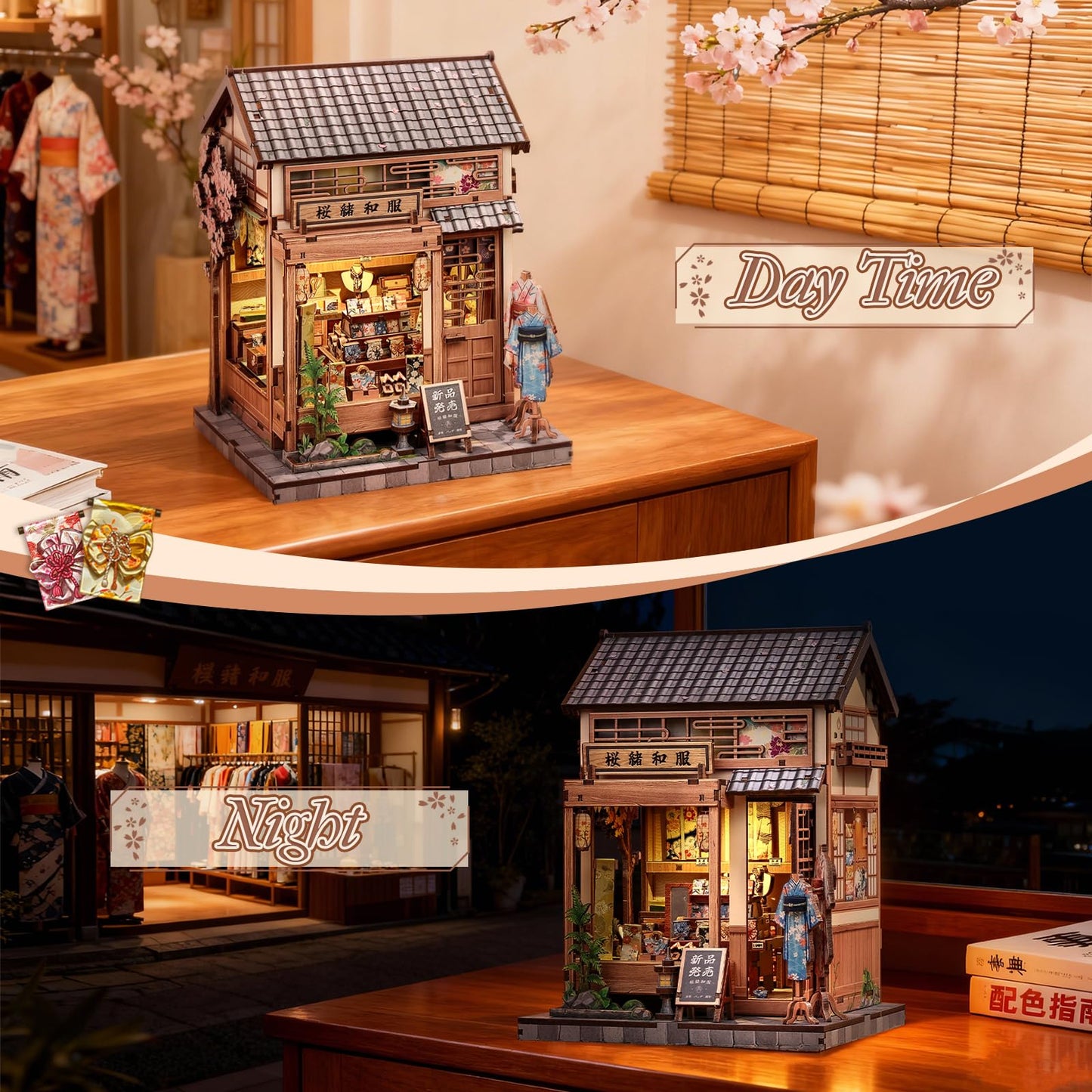 CUTEBEE Book Nook Kit: Japanese Sakura Kimono Shop 3D Wooden Puzzle with LED