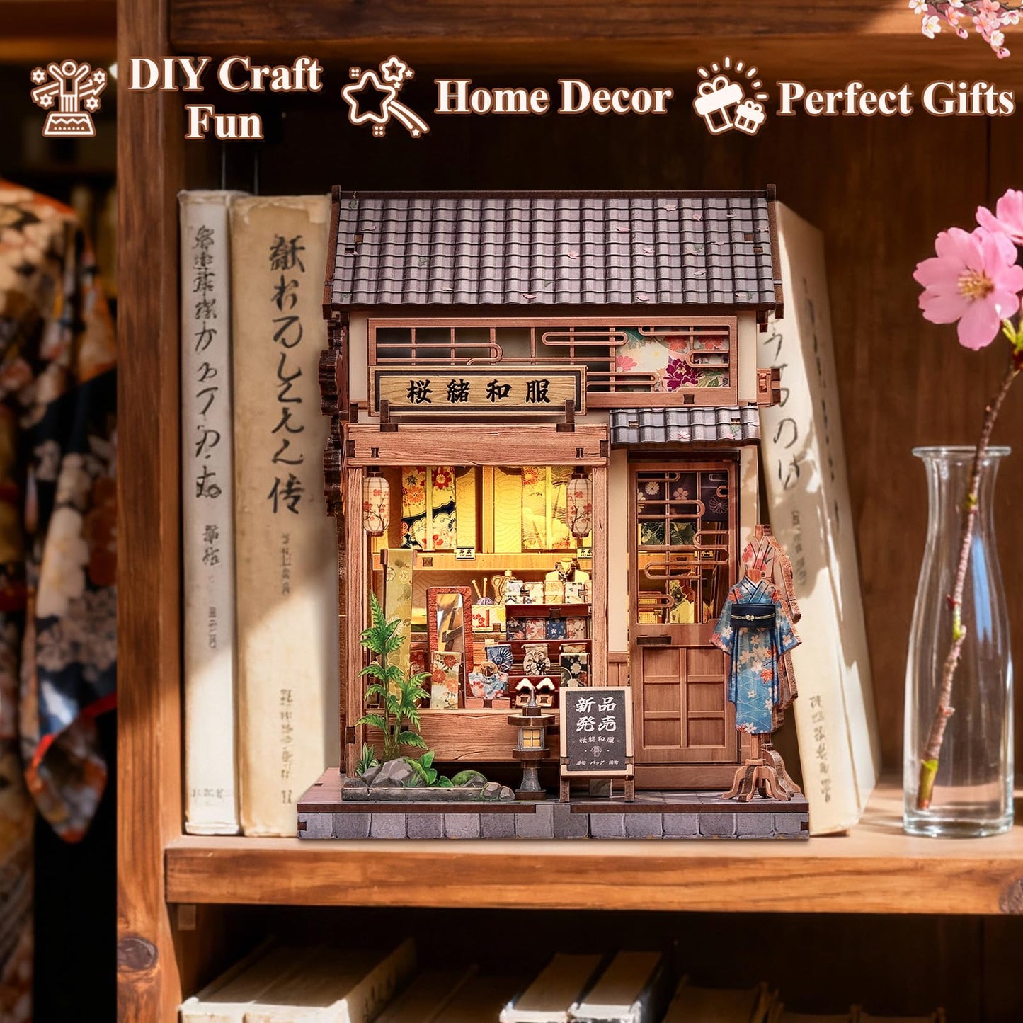 CUTEBEE Book Nook Kit: Japanese Sakura Kimono Shop 3D Wooden Puzzle with LED