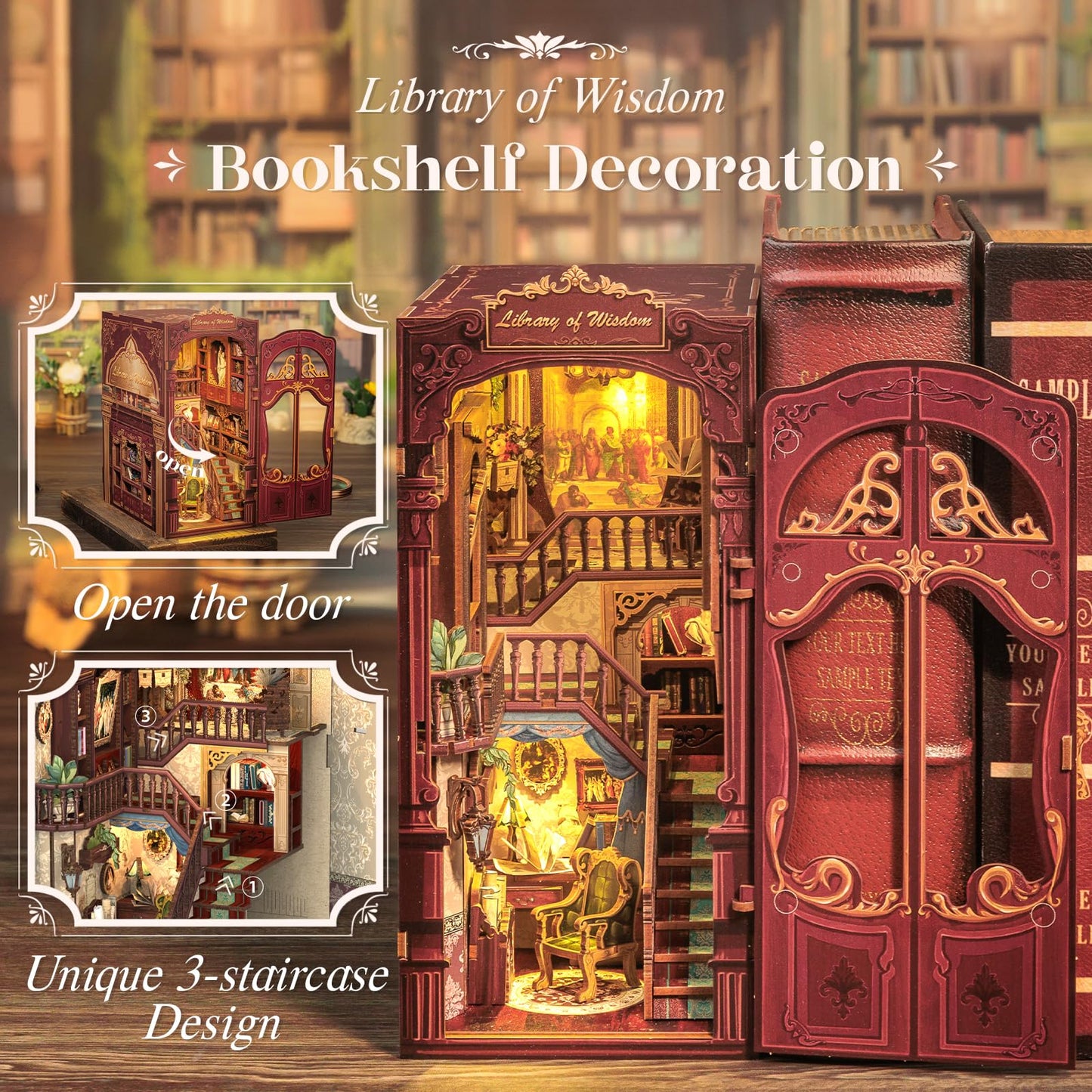 CUTEBEE Book Nook Kit - DIY Miniature Library of Wisdom Dollhouse for Bookshelves
