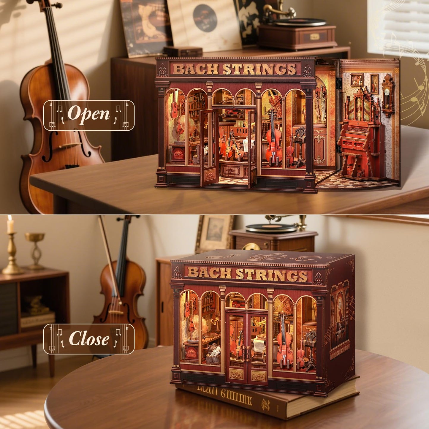 CUTEBEE Book Nook Kit – DIY Miniature Japanese House Dollhouse for Adults & Teens | 3D Wooden Puzzle & Bookshelf Decor (Bach Strings)