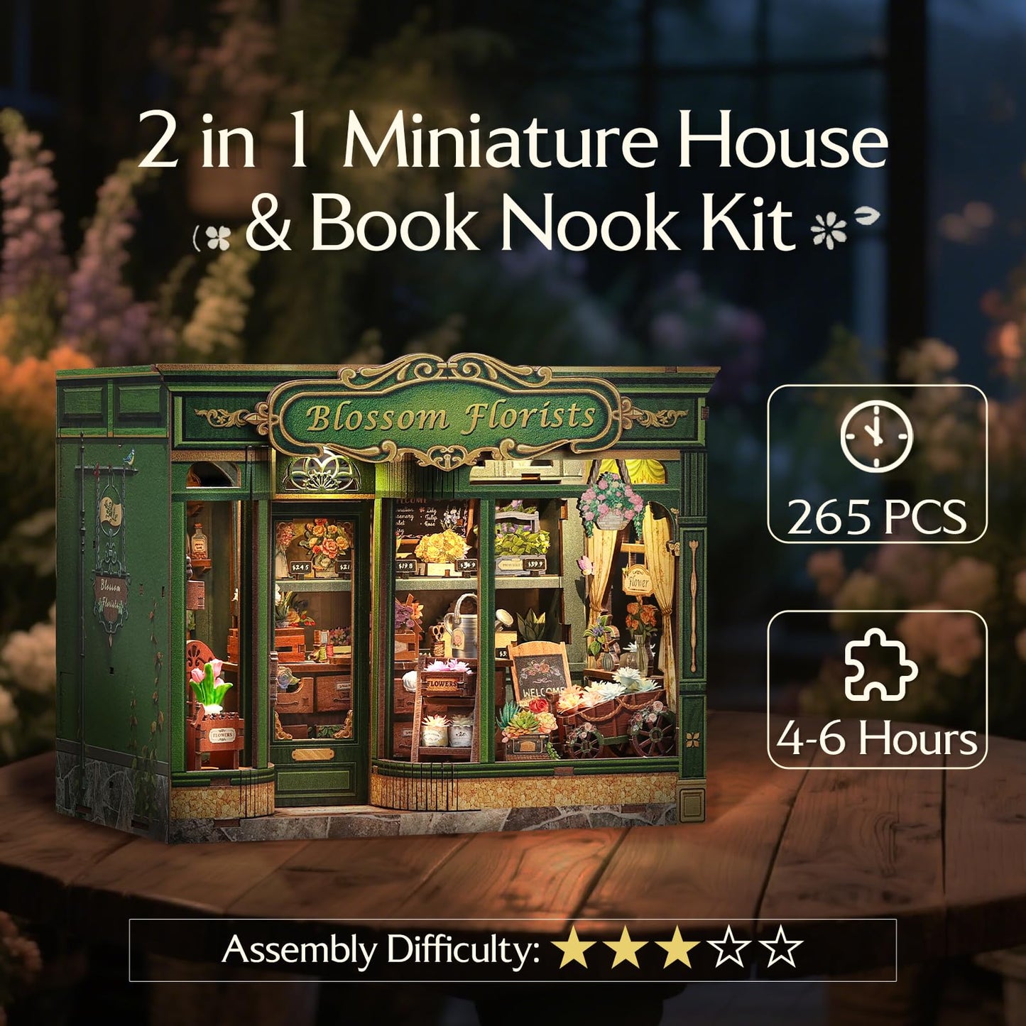 CUTEBEE Book Nook Kit – DIY Miniature Flower Shop Dollhouse for Adults & Teens | 3D Wooden Puzzle (Blossom Florists)