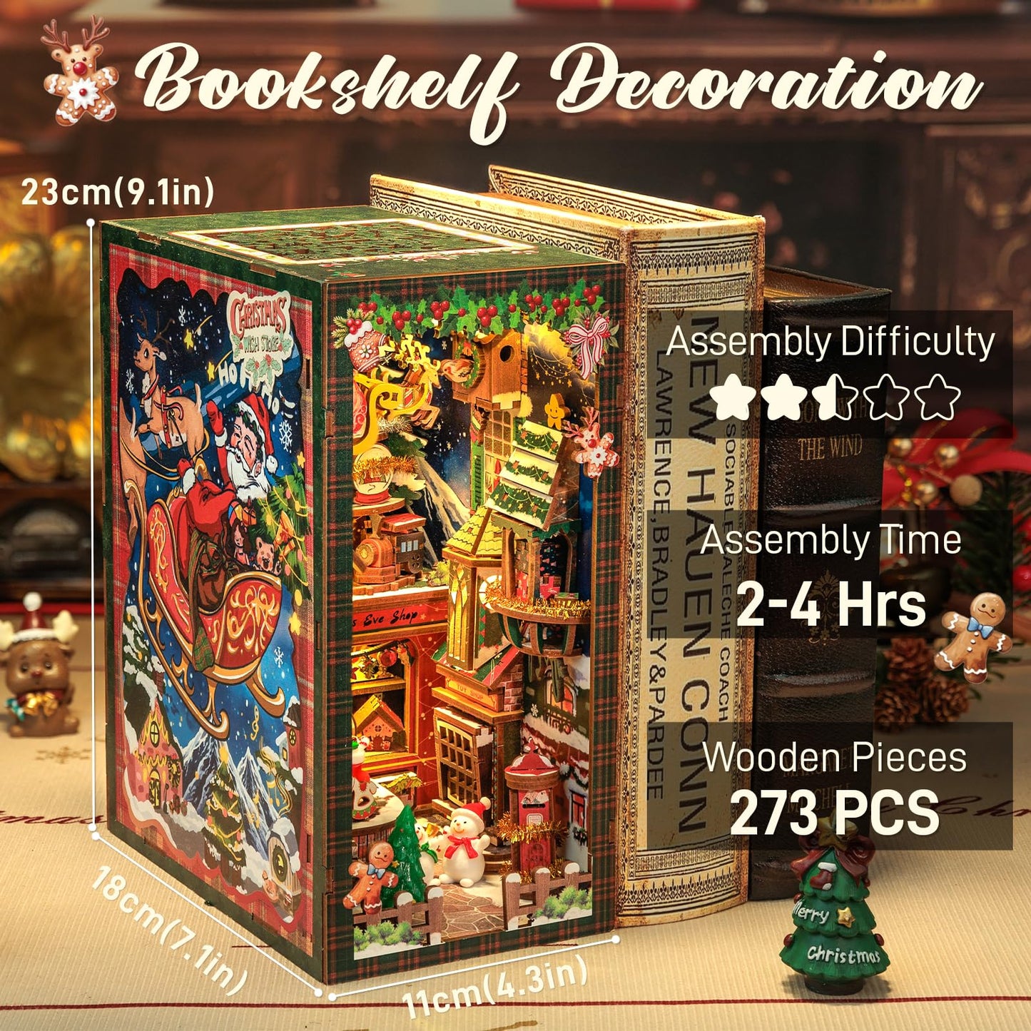 CUTEBEE Christmas Book Nook Kit – DIY Tiny House Dollhouse Puzzle for Adults & Teens