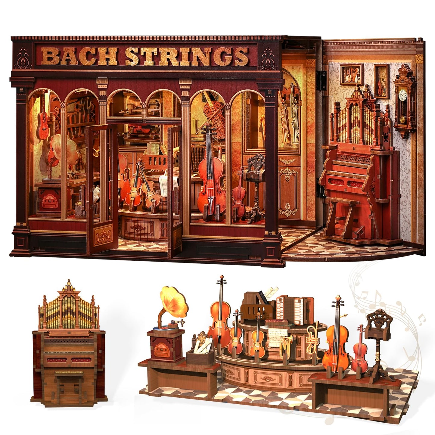 CUTEBEE Book Nook Kit – DIY Miniature Japanese House Dollhouse for Adults & Teens | 3D Wooden Puzzle & Bookshelf Decor (Bach Strings)