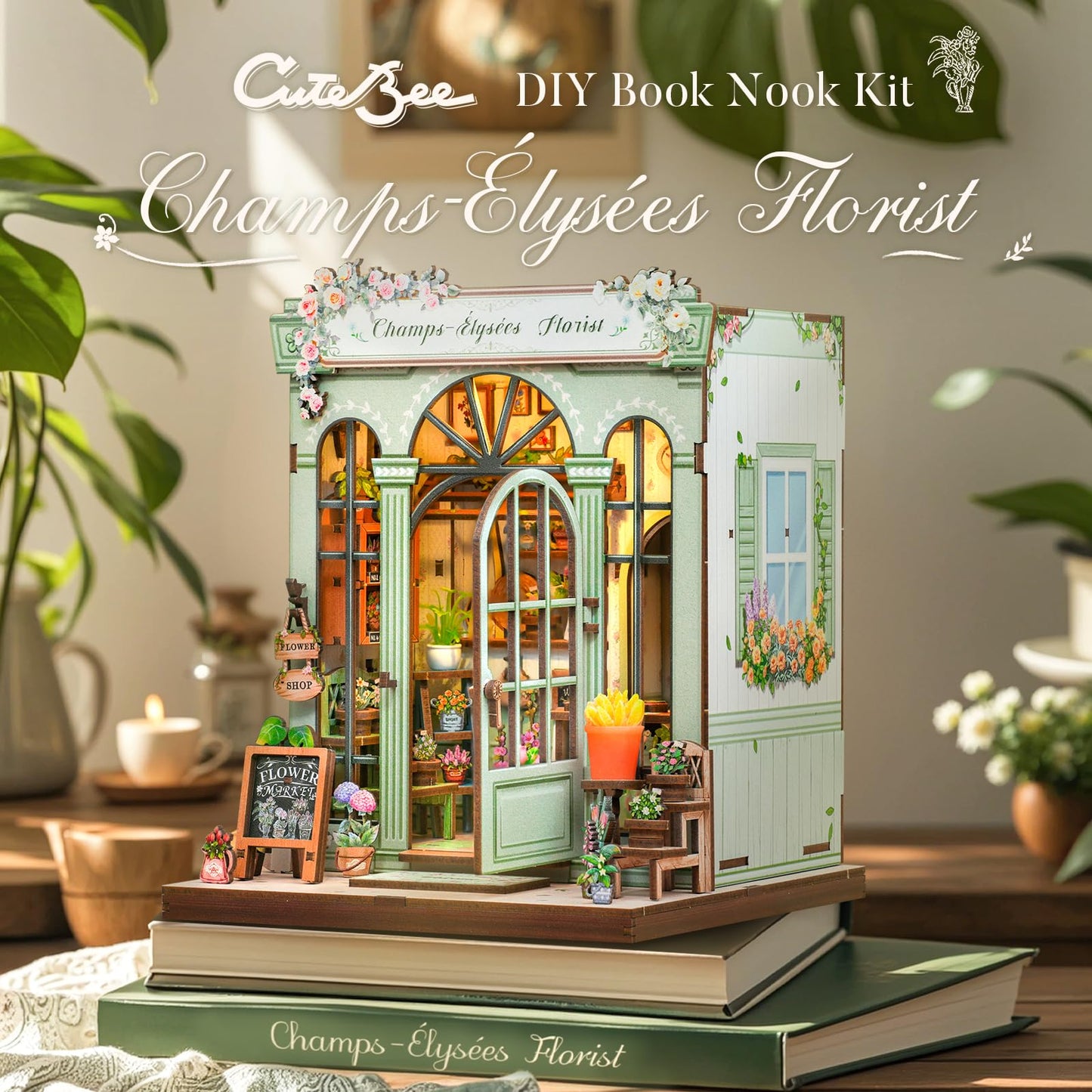 CUTEBEE Book Nook Kit – DIY Miniature House Dollhouse for Adults & Teens | Champs-Élysées Florist Edition