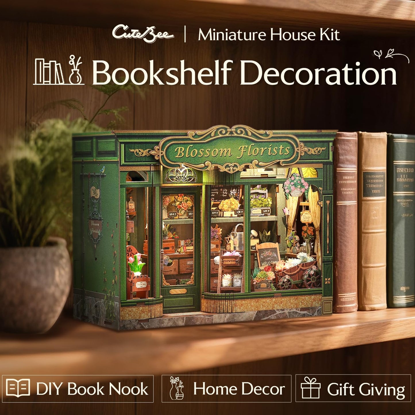 CUTEBEE Book Nook Kit – DIY Miniature Flower Shop Dollhouse for Adults & Teens | 3D Wooden Puzzle (Blossom Florists)