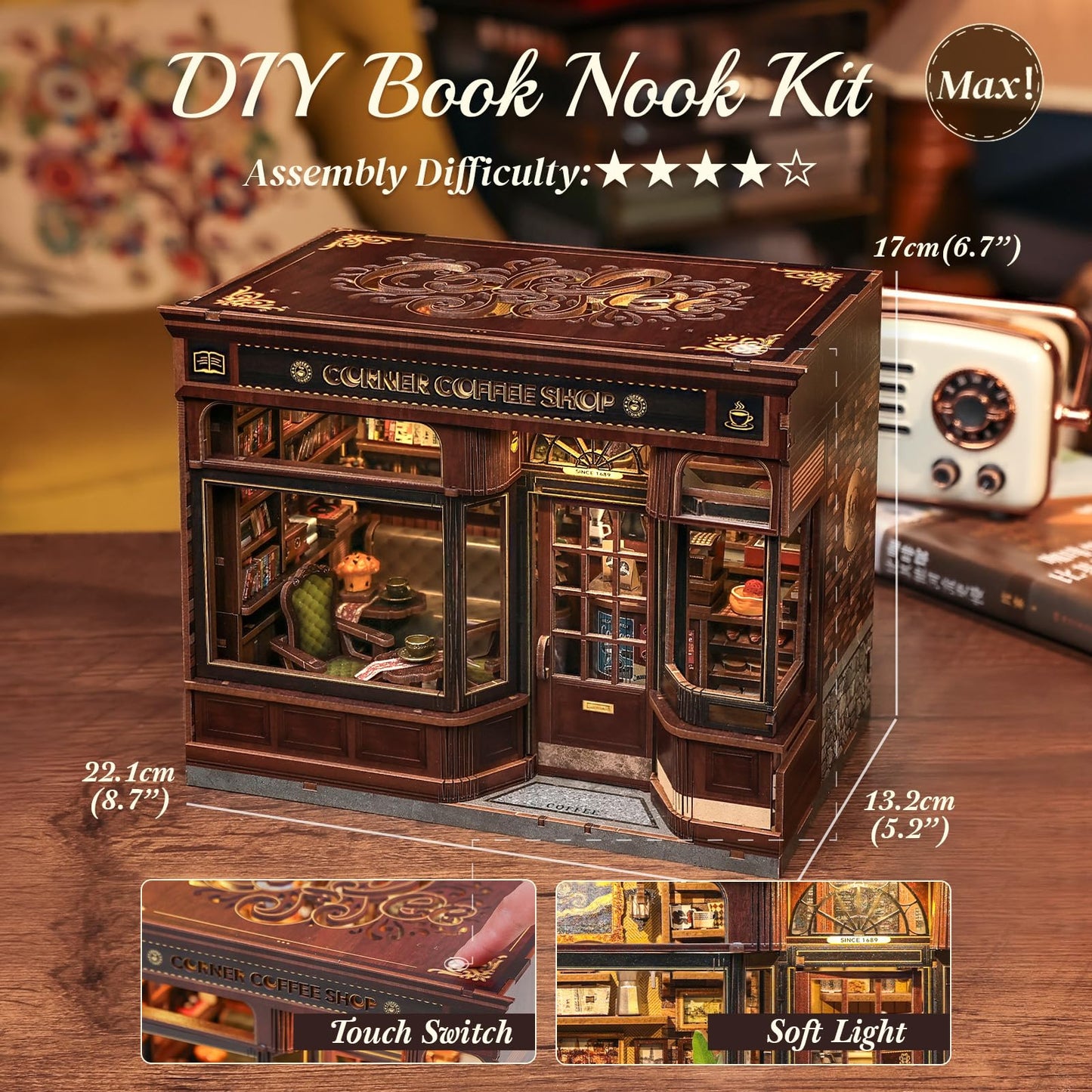 CUTEBEE Book Nook Kit – DIY Miniature Coffee Shop Dollhouse for Adults | 3D Wooden Puzzle