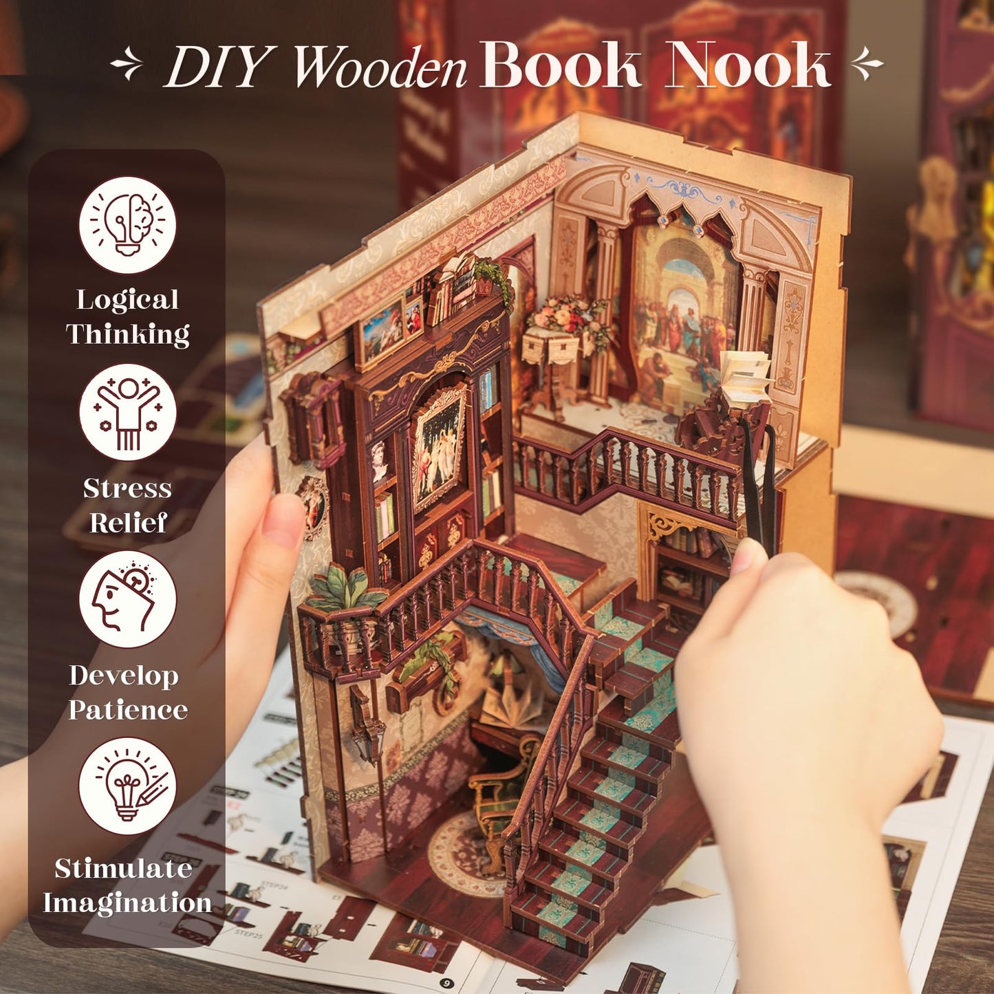 CUTEBEE Book Nook Kit - DIY Miniature Library of Wisdom Dollhouse for Bookshelves