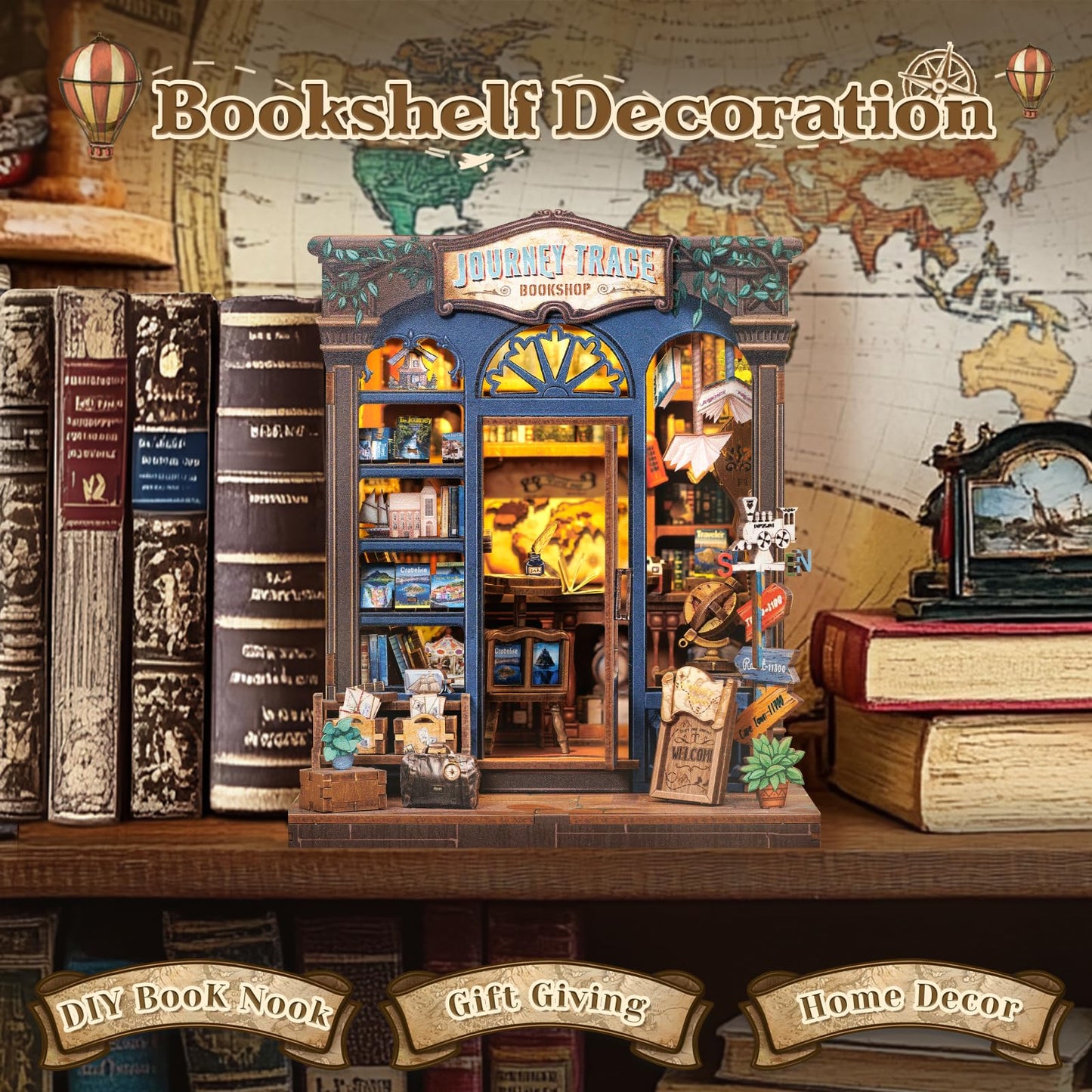 CUTEBEE Book Nook Kit – Travel-Themed DIY Miniature House for Adults & Teens | Journey Trace Bookshop
