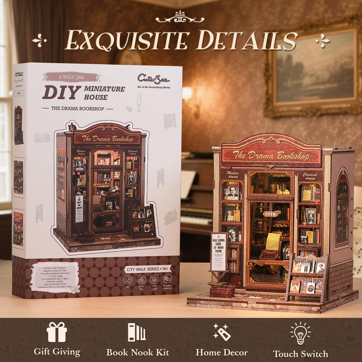 CUTEBEE Book Nook Kit – DIY Miniature Drama Bookshop Dollhouse for Adults & Teens