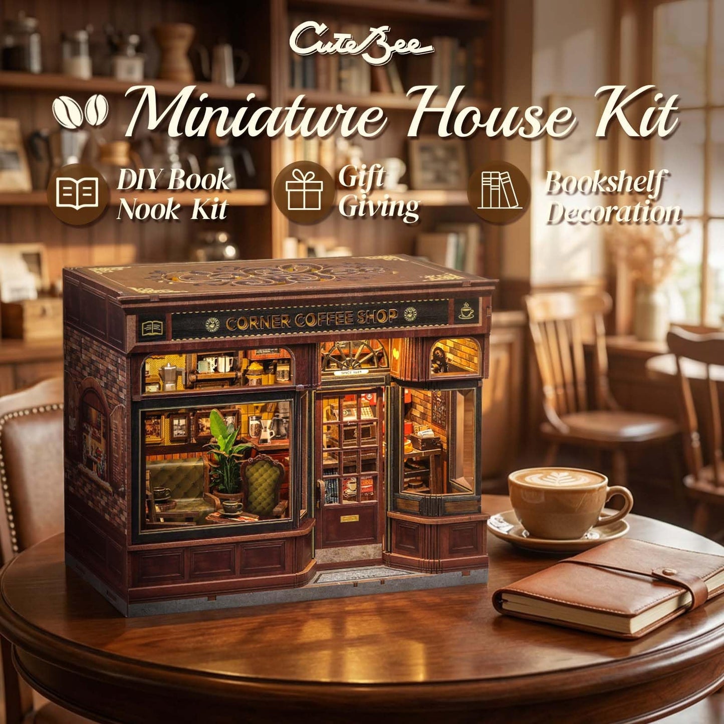 CUTEBEE Book Nook Kit – DIY Miniature Coffee Shop Dollhouse for Adults | 3D Wooden Puzzle