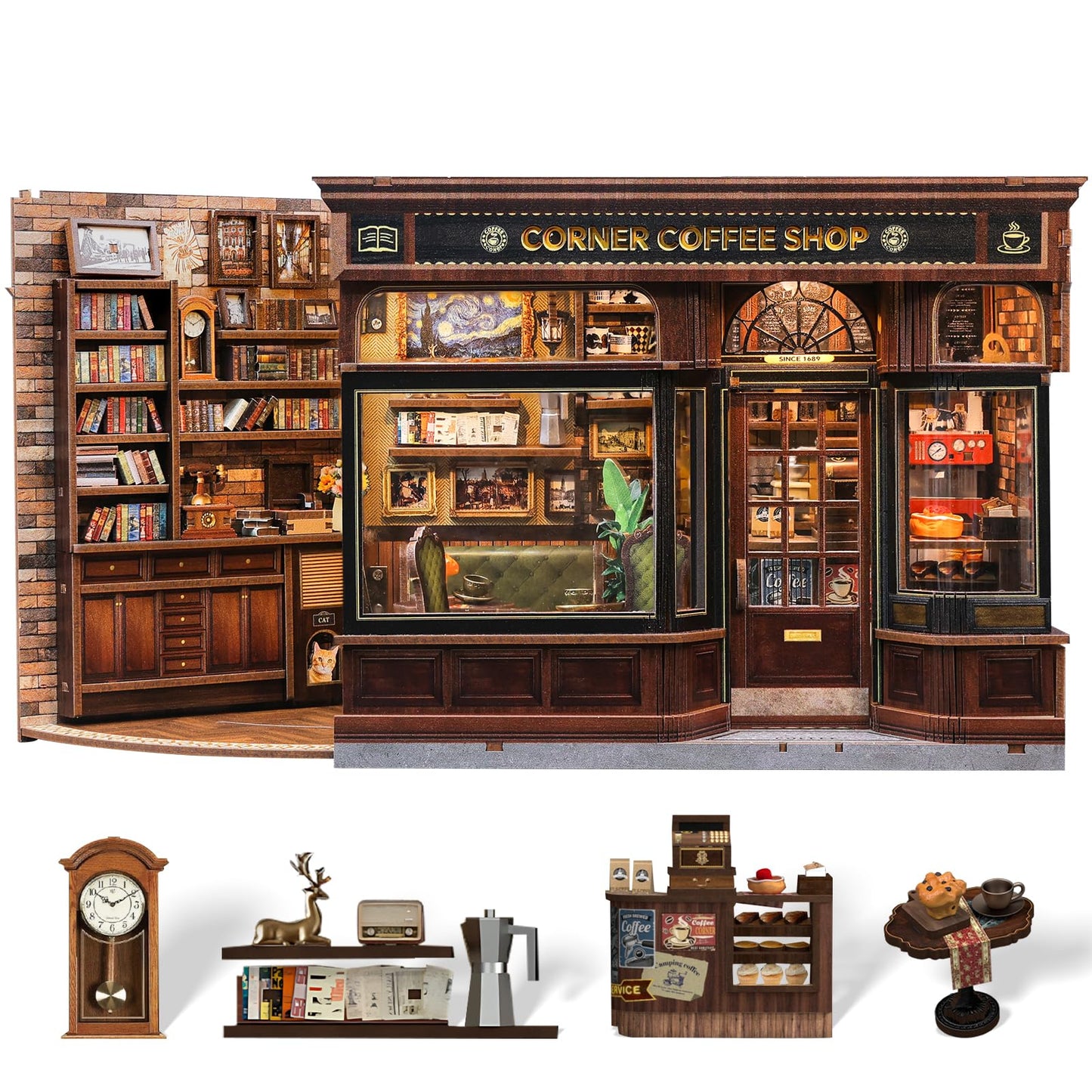 CUTEBEE Book Nook Kit – DIY Miniature Coffee Shop Dollhouse for Adults | 3D Wooden Puzzle