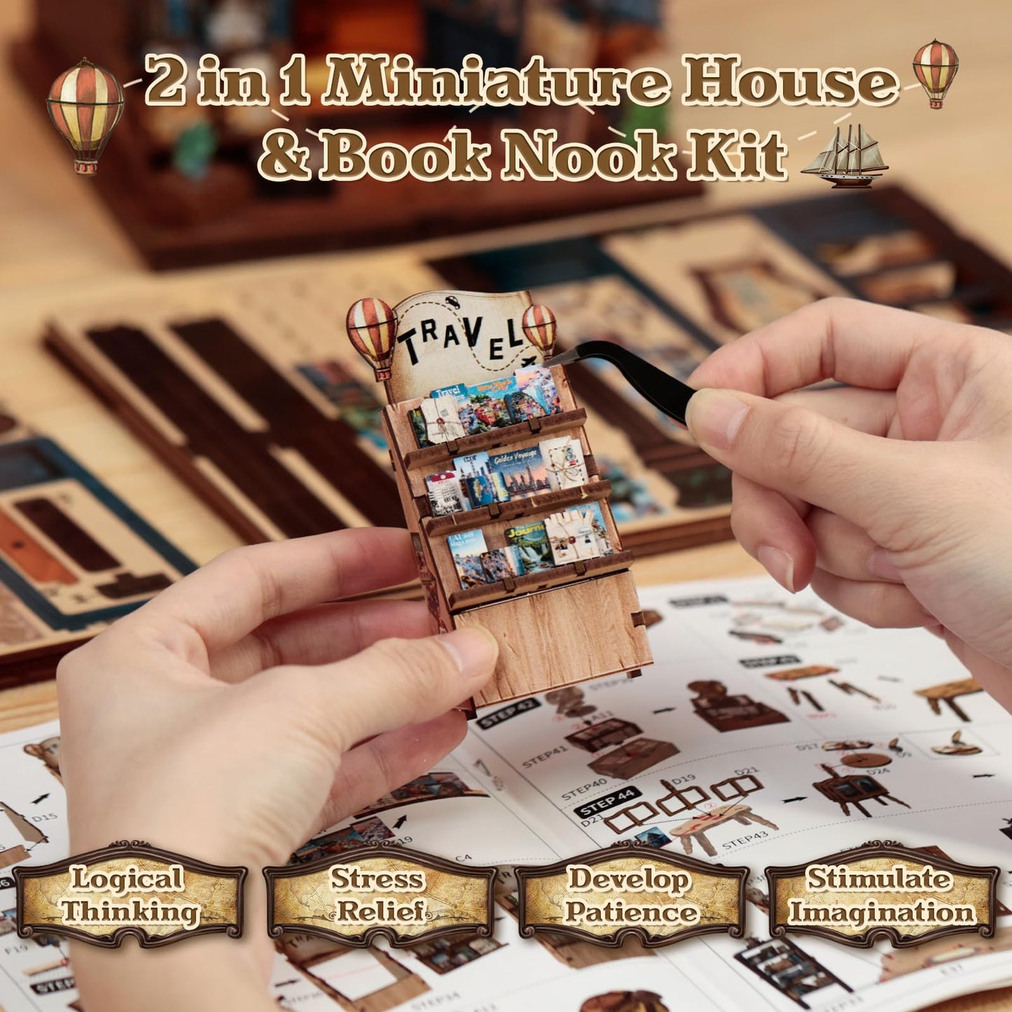 CUTEBEE Book Nook Kit – Travel-Themed DIY Miniature House for Adults & Teens | Journey Trace Bookshop
