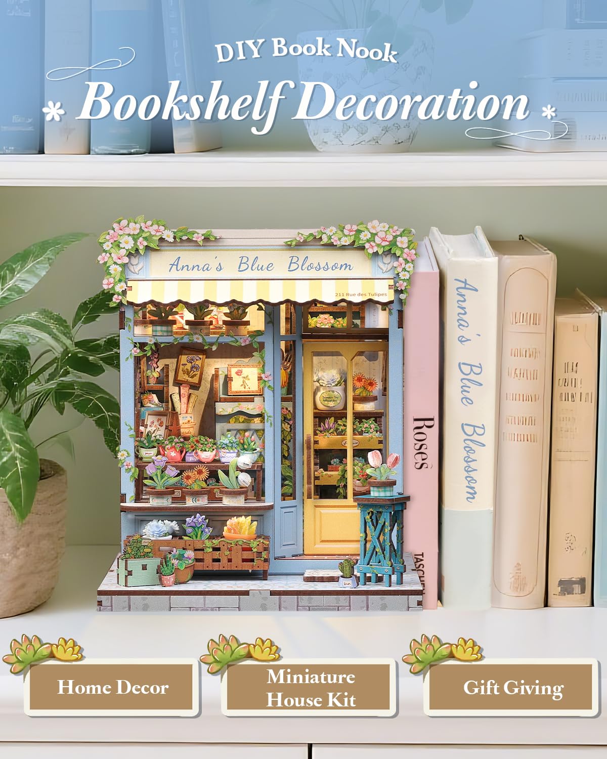 CUTEBEE Book Nook Kit Anna's Blue Blossom – DIY Miniature House for Adults