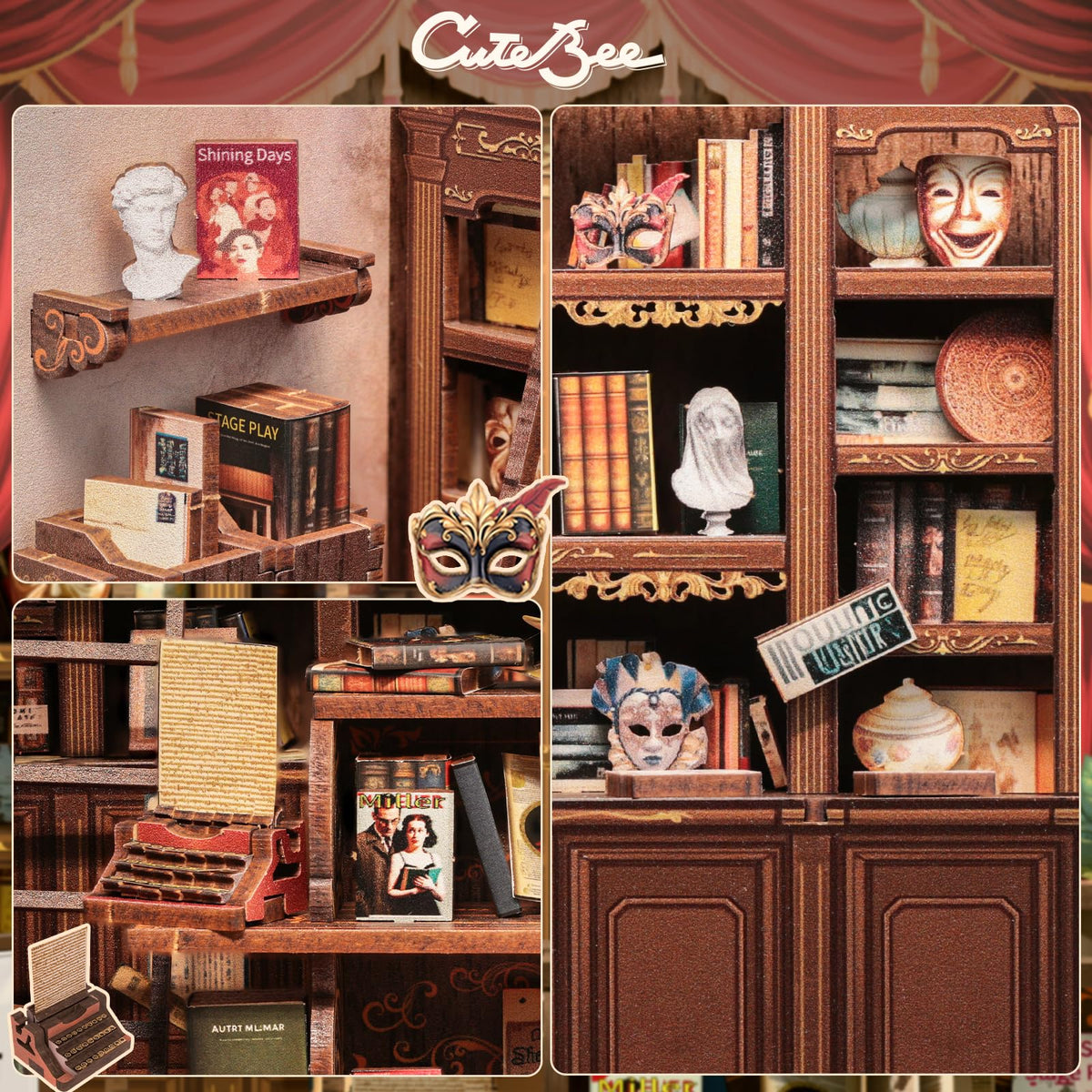 CUTEBEE Book Nook Kit – DIY Miniature Drama Bookshop Dollhouse for Adults & Teens