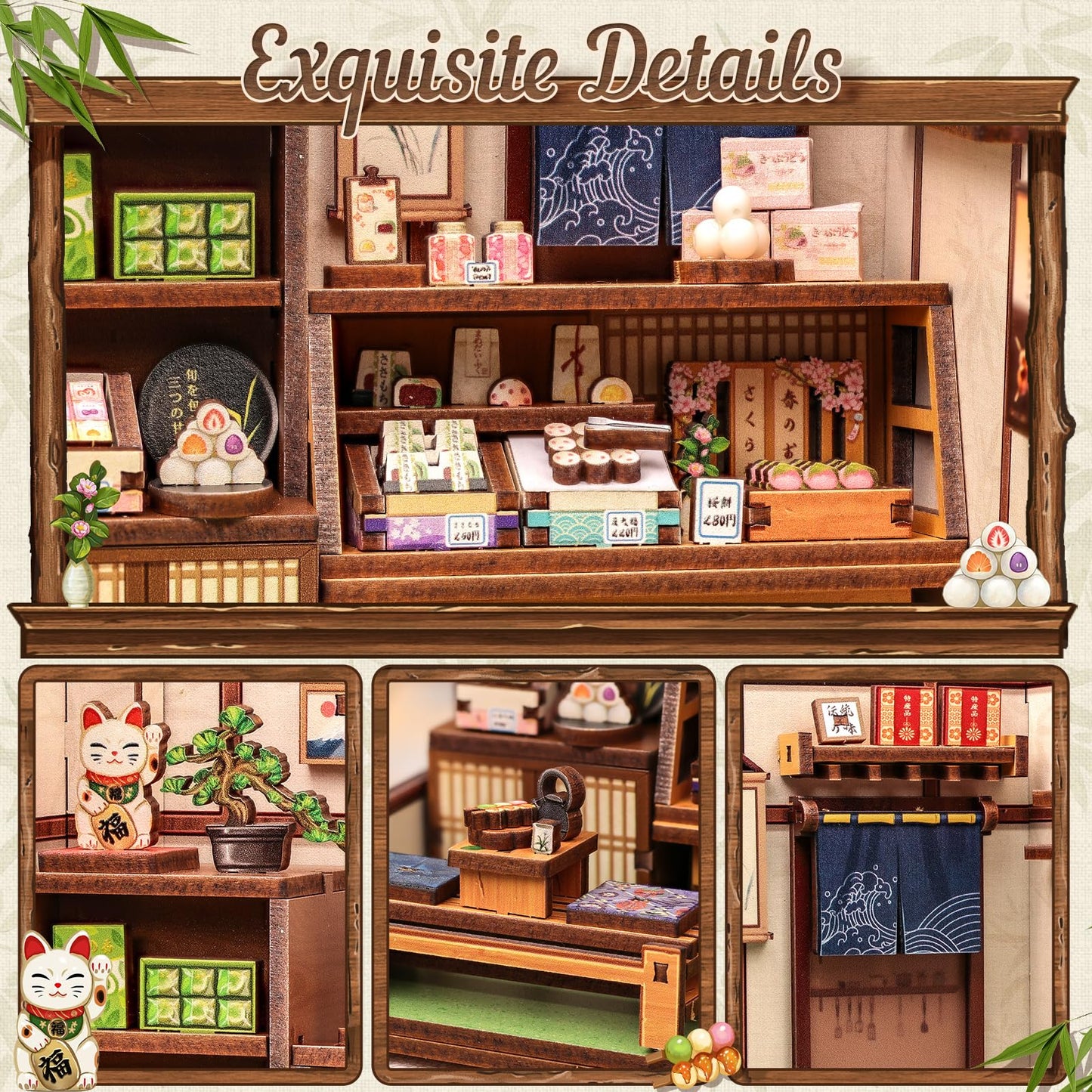 CUTEBEE Book Nook Kit – DIY Japanese Wagashi Shop Miniature House with LED Light
