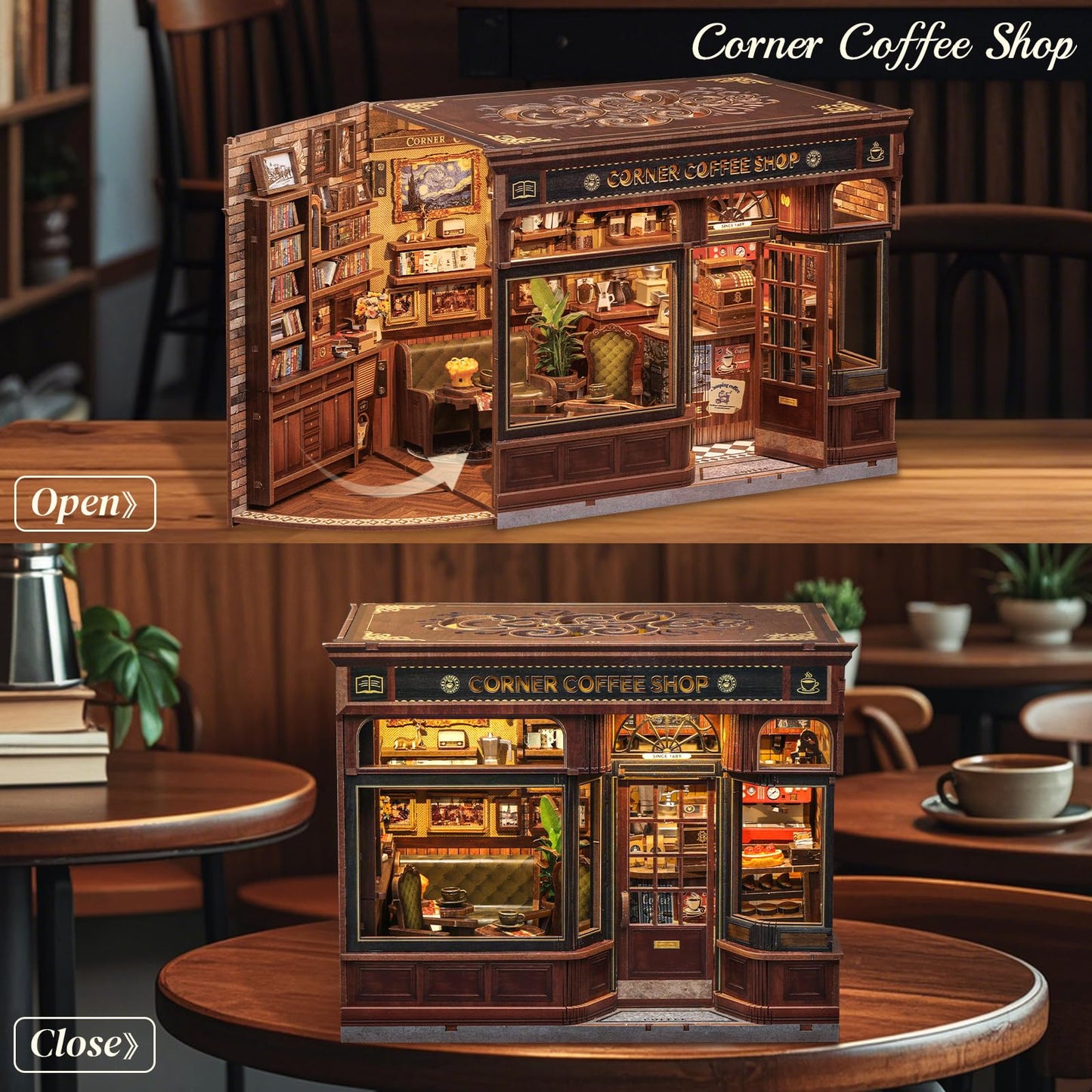 CUTEBEE Book Nook Kit – DIY Miniature Coffee Shop Dollhouse for Adults | 3D Wooden Puzzle