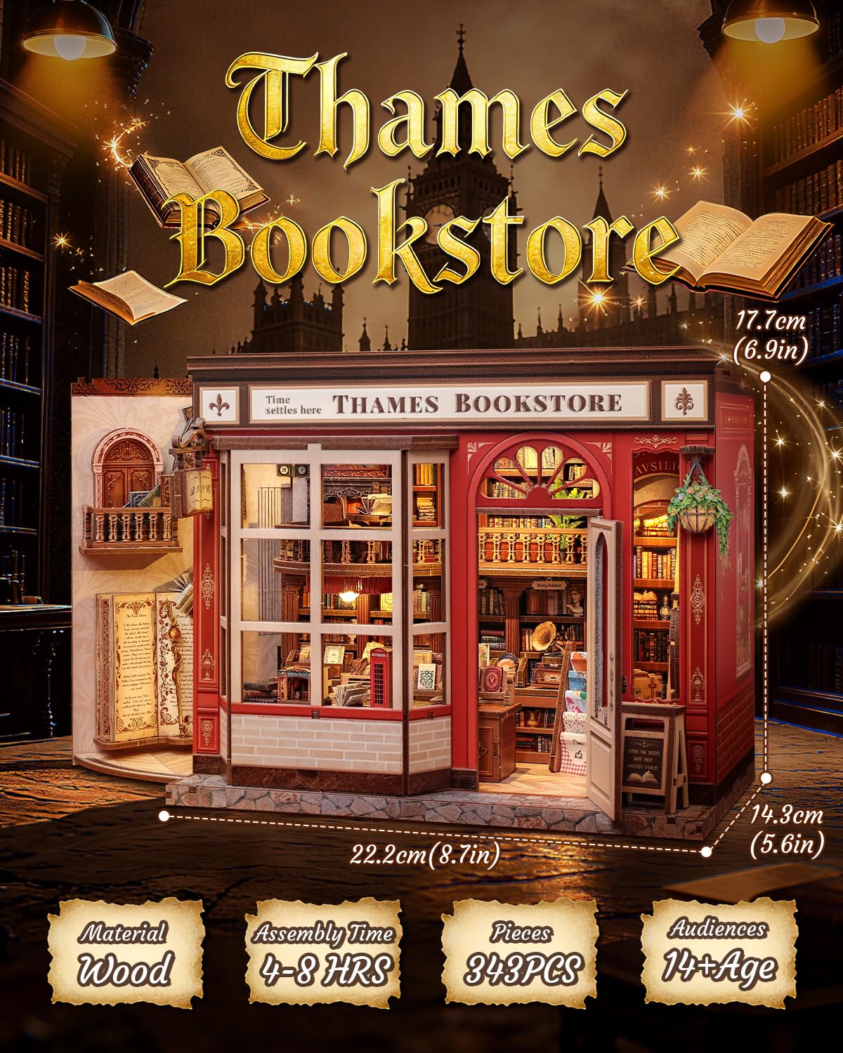 CUTEBEE Book Nook Kit – DIY Miniature Dollhouse for Adults & Teens (Thames Bookstore)